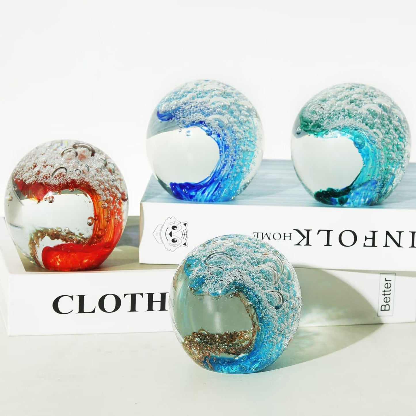 FZBHRO Decorative Crystal Ball Figurines Ocean Waves Paperweight Blown Glass Decor Sea Art Ocean Lovers Gift Blue Amber 3.15"