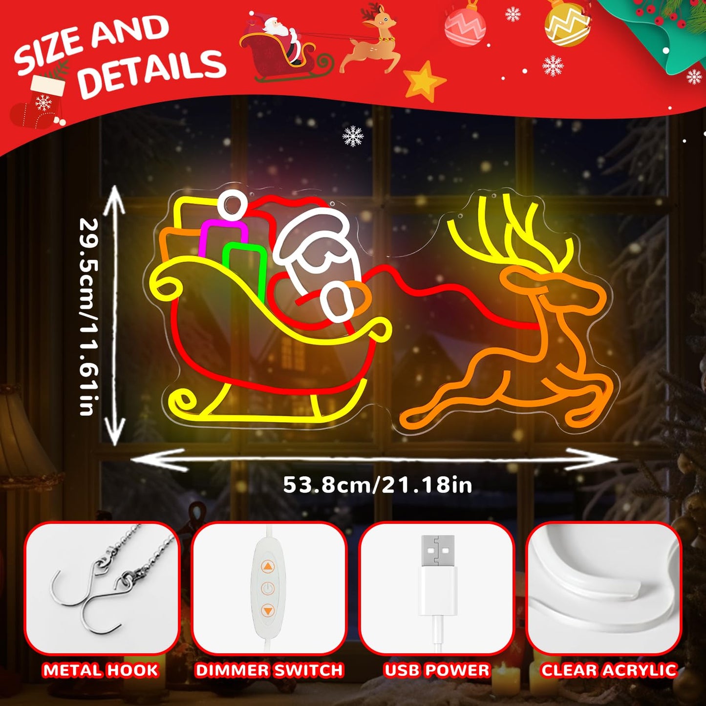 hhuohuona Large Santa With Sleigh and Reindeer Neon Sign Dimmable Neon Christmas Sign Lighted Reindeer Sleigh Santa Led Signs for Wall Xmas Decorations (21.18 * 11.61 In)