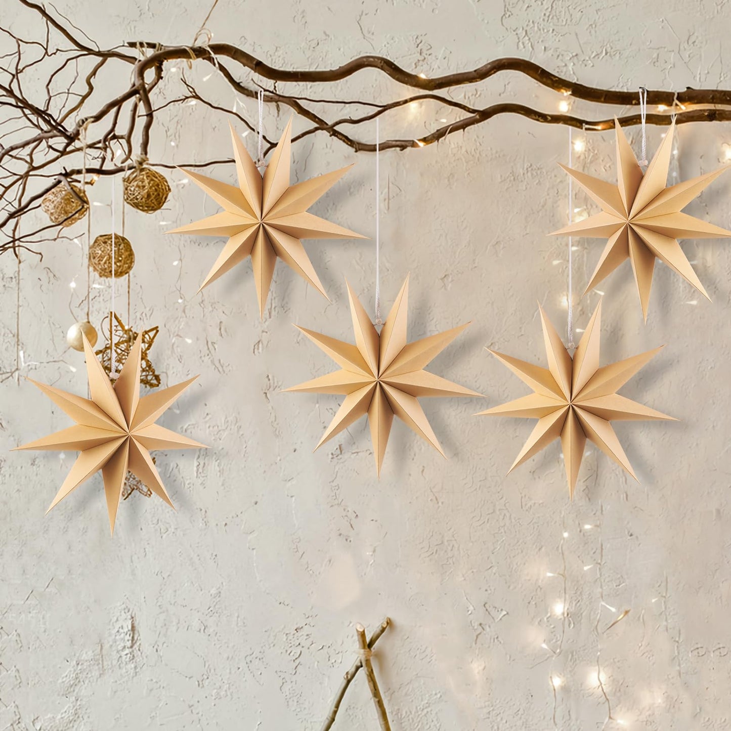 SUNBEAUTY 5 Pcs 9-Pointed Natural Paper Star Lanterns 12 Inch Christmas Hanging Lamp Rustic Paper Decorations Shade Wedding Birthday Christmas Home Party Decorations