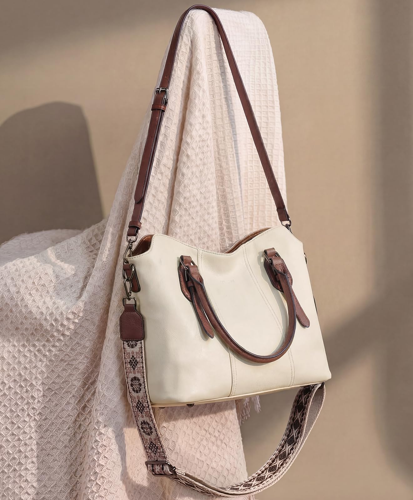 VASCHY Hobo Bags for Women, Vegan Leather Top Handle Satchel Shoulder Purse Handbag Purse with Crossbody Guitar Strap Beige