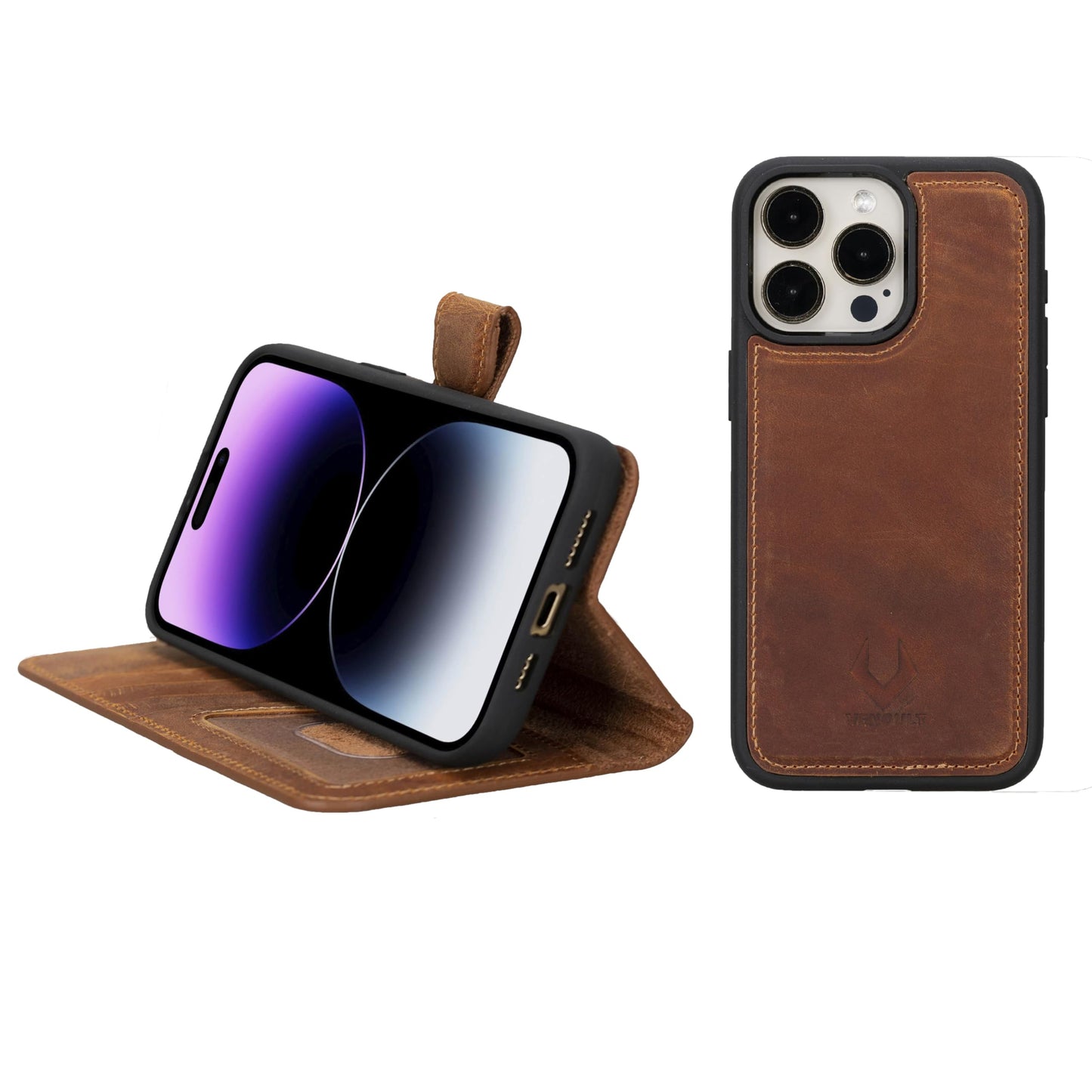 VENOULT Detachable Wallet Case for iPhone 15 Pro MAX, 4 Card Holder Wallet, Man or Women Folio Cover, Compatible with Magsafe, RFID, Genuine Leather, Kick Stand (Almond Brown)