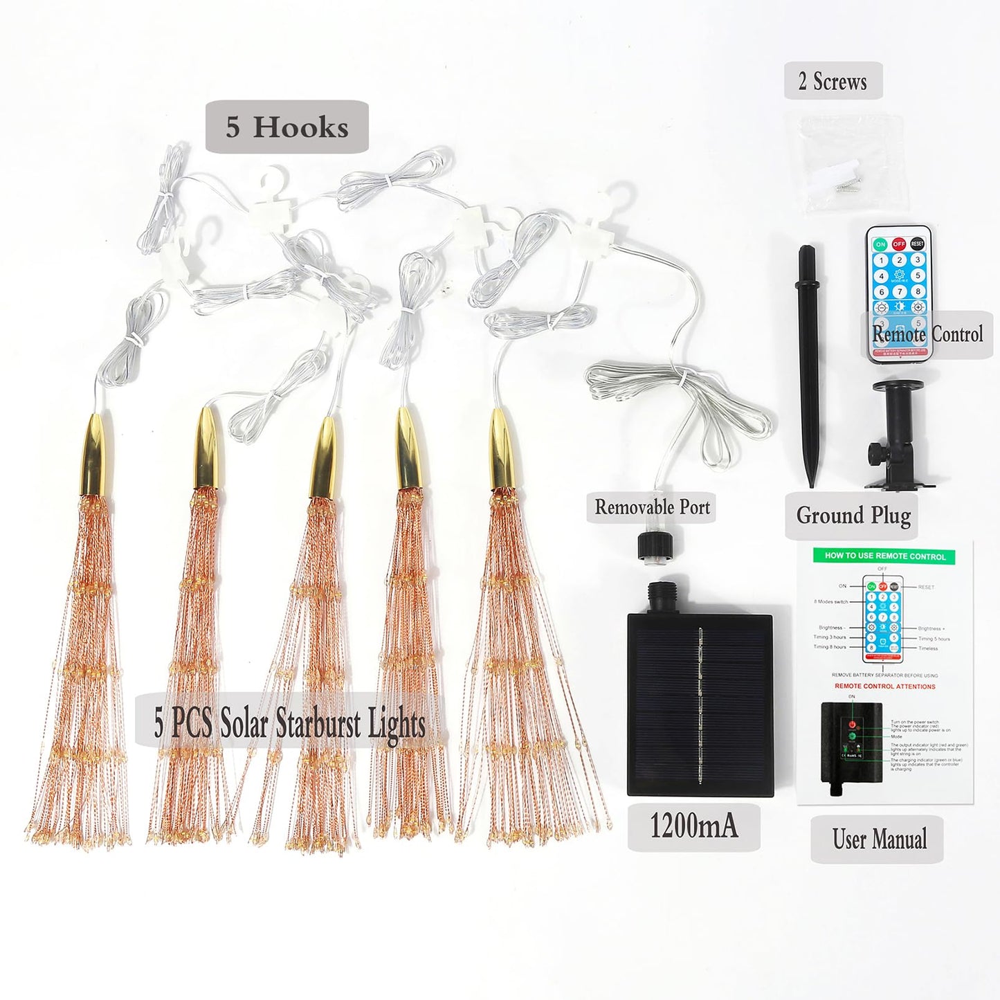 SHUKAN 5 Pcs 1000LED Solar Starburst Sphere Lights,Firework Light Remote Control Timer 8 Modes Dimmable Waterproof Hanging Fairy Light, Sparkly Lights for Patio Garden Tent Outdoor(Warm White)