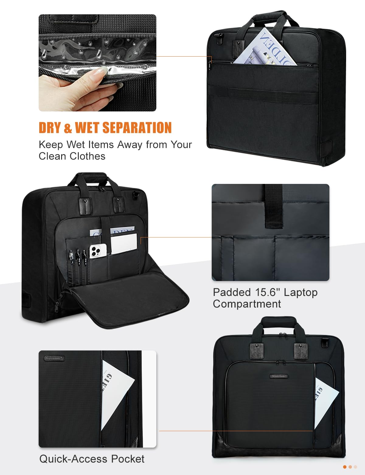 Noozion Garment Bag for Travel, Large Carry On Suit Bag for Business Up to 3 Suits, Wrinkle Free Garment Bag for Hanging Clothes with Shoulder Strap, Laptop Compartment, and Wet-Dry Pocket