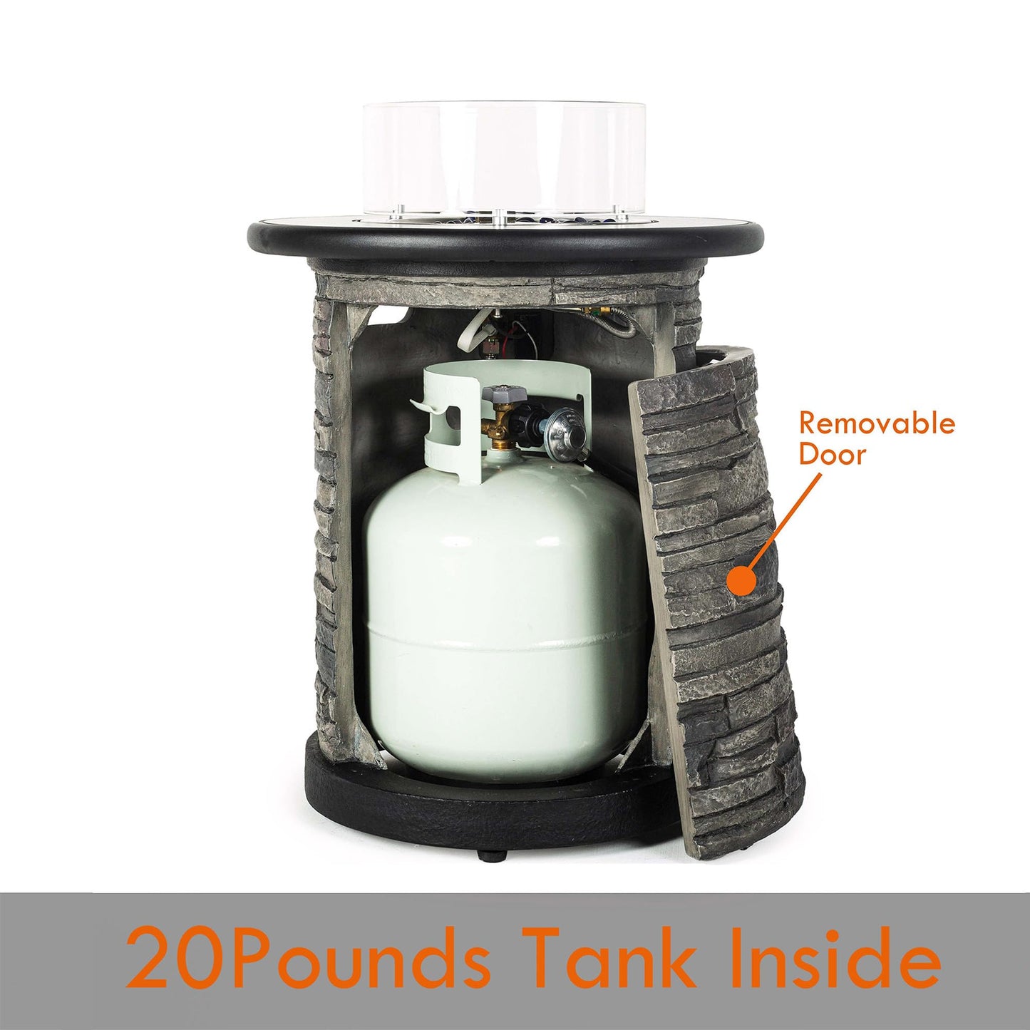 BAIDE HOME Outdoor Propane Fire Pit Table, Round Porcelain Tile Top 22" Fire Bowl Column W/ 40,000 BTU Firepit Table Auto-Ignition 400D Cover Glass Rocks for Outside Patio