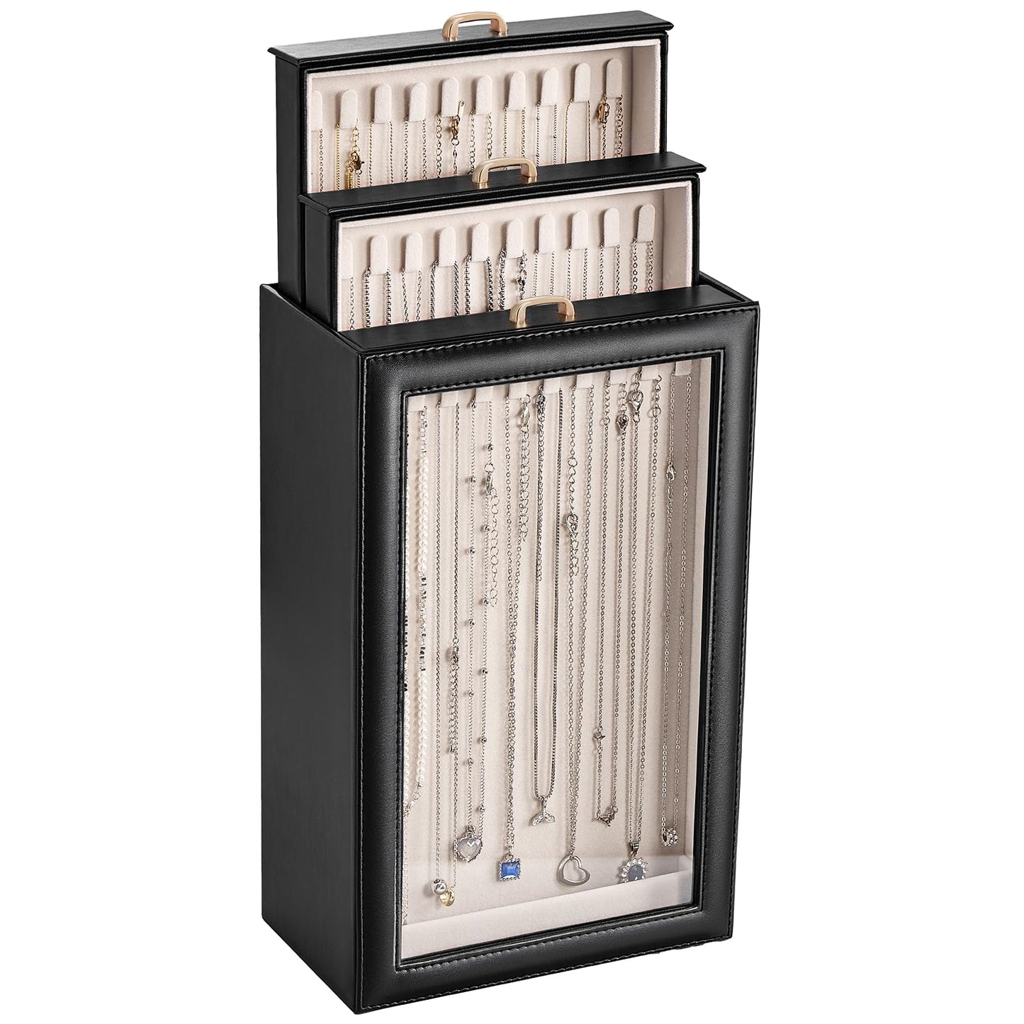 Lolalet Necklace Organizer Box, Jewelry Storage Box with Clear Window for Necklaces Bracelets, Tangle-Free Necklace Display Case for Women Girls, Black, 3 Layers 30 Hooks