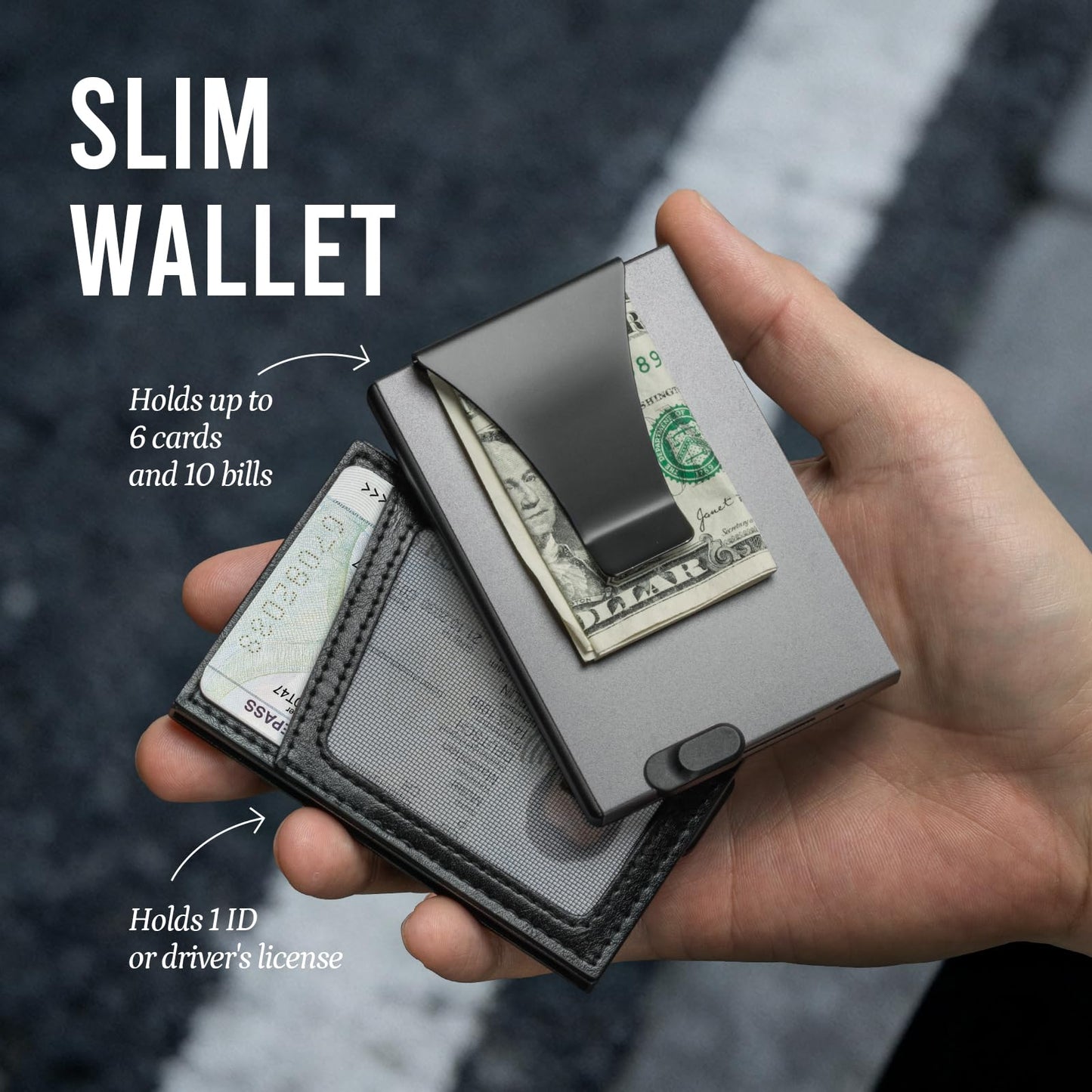 Slimwalt Slim Front Pocket Card Holder for Daily Commute & Travel, Minimalist RFID Blocking Mens Wallet for 4-6 Cards and 1 ID - Pop Up Wallet for Men with ID Window & Money Clip, Grey