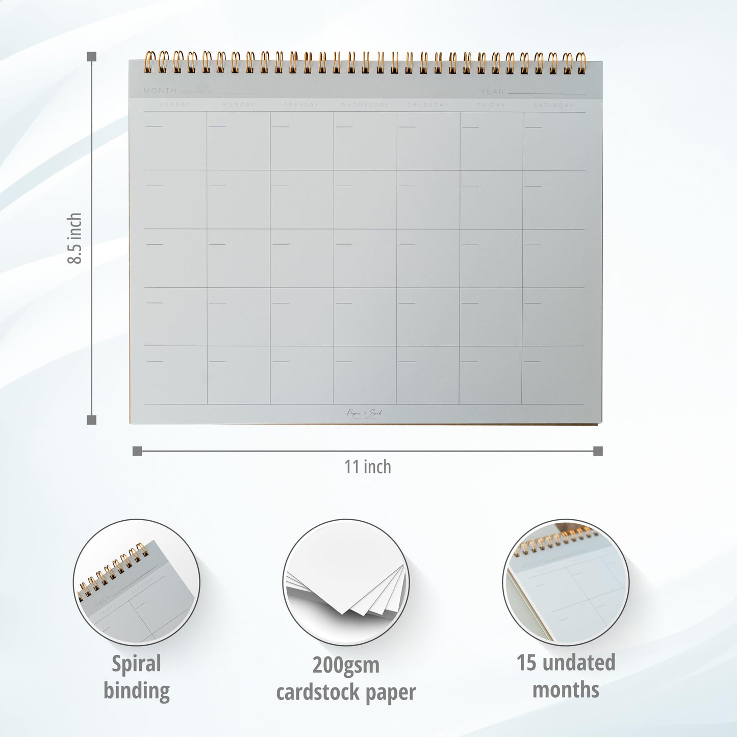 Paper 'n Such- Blank Calendar, Undated Monthly Planner, Simple Desk Agenda -DIY Custom Scrapbook for Photos -15 Sheets, Spiral Bound, Large 8.5x11", Customizable for Home, Office, or School