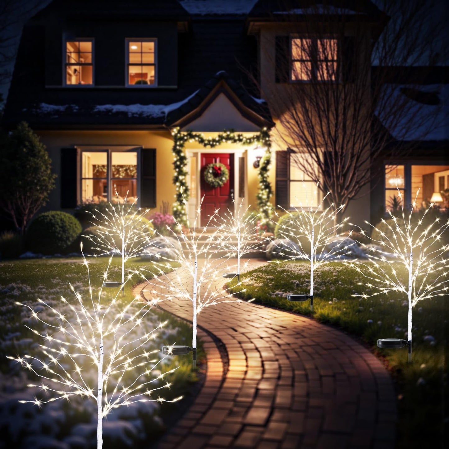 Luiywan Solar Outdoor Christmas Decorations, 35INCH Fairy Light Brich Tree, Solar Christmas Decor for Outside, Yard, Garden, Pathway, Wterproof LED Warm White Lights, 8 Modes, Auto On/Off, 4PCS