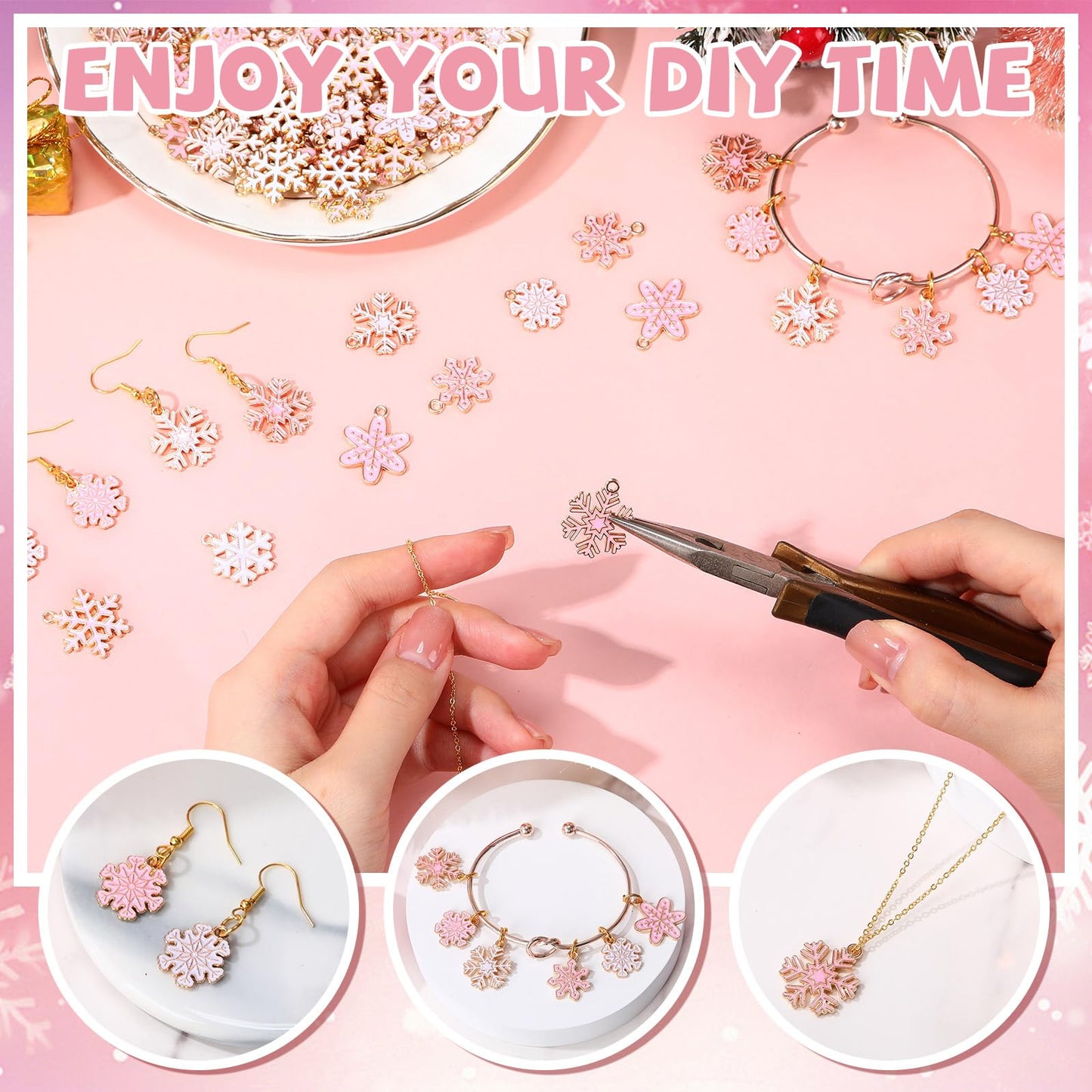 Misdary 100 Pcs Pink Winter Charms for Jewelry Making Earring Necklace Bracelet Xmas Charms Metal Alloy Jewelry Pendants for DIY Winter Holiday Xmas Craft Ornaments Gifts Supplies (Pink Snowflake)