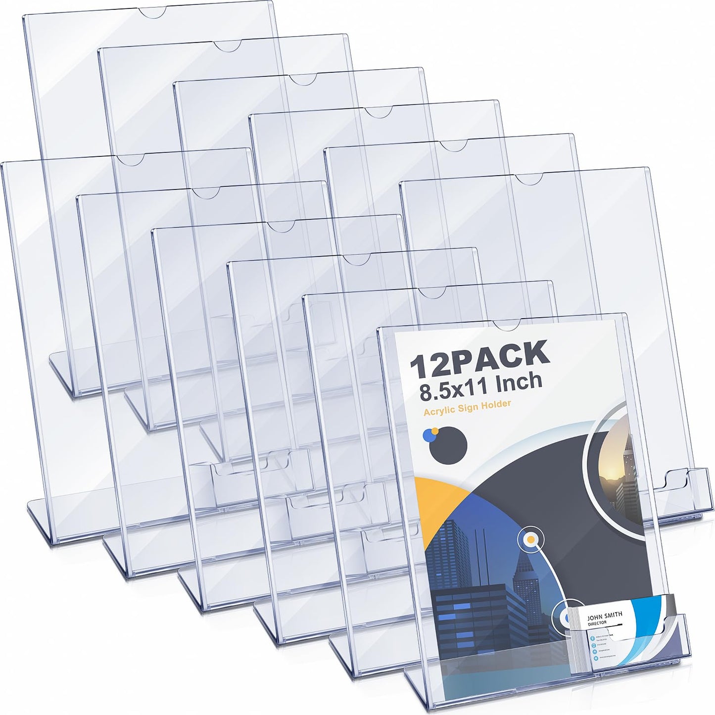 Geyee 12 Pcs 8.5 x 11 Acrylic Sign Holder with Business Card Holder Clear Brochure Display Stand with Attached Business Card Pocket Advertisement Printed Material Flyer Holder Flyer Stand Frame