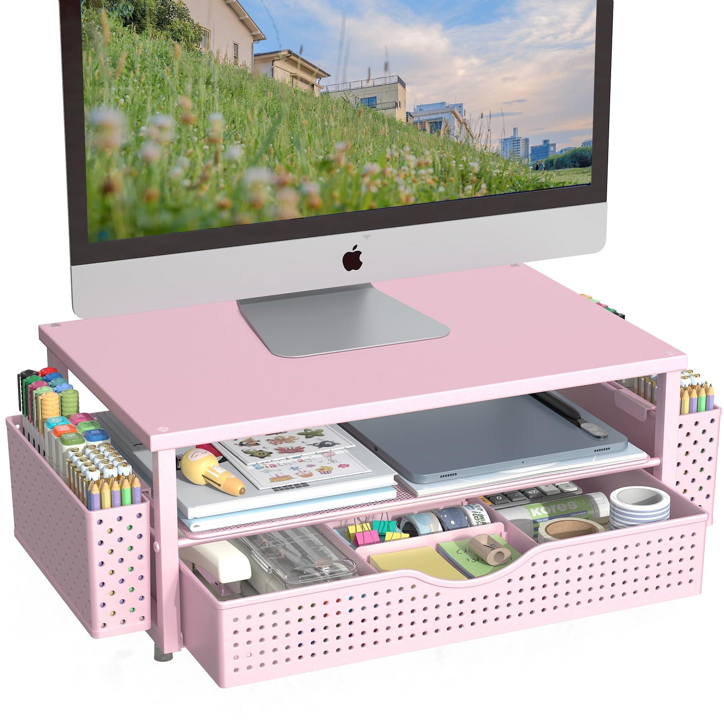 Spacrea Desk Organizer and Accessories, Computer Monitor Stand Riser with Drawer and 2 Pen Holders, Office Desk Accessories & Workspace Organizers for Office Supplies (Pink)