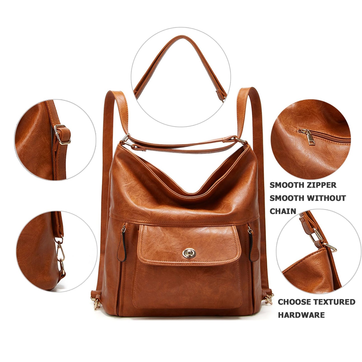 myfriday Vintage Leather Fashion Backpack Purse for Women Large Capacity Convertible Backpack Travel Daily Daypack (Brown)
