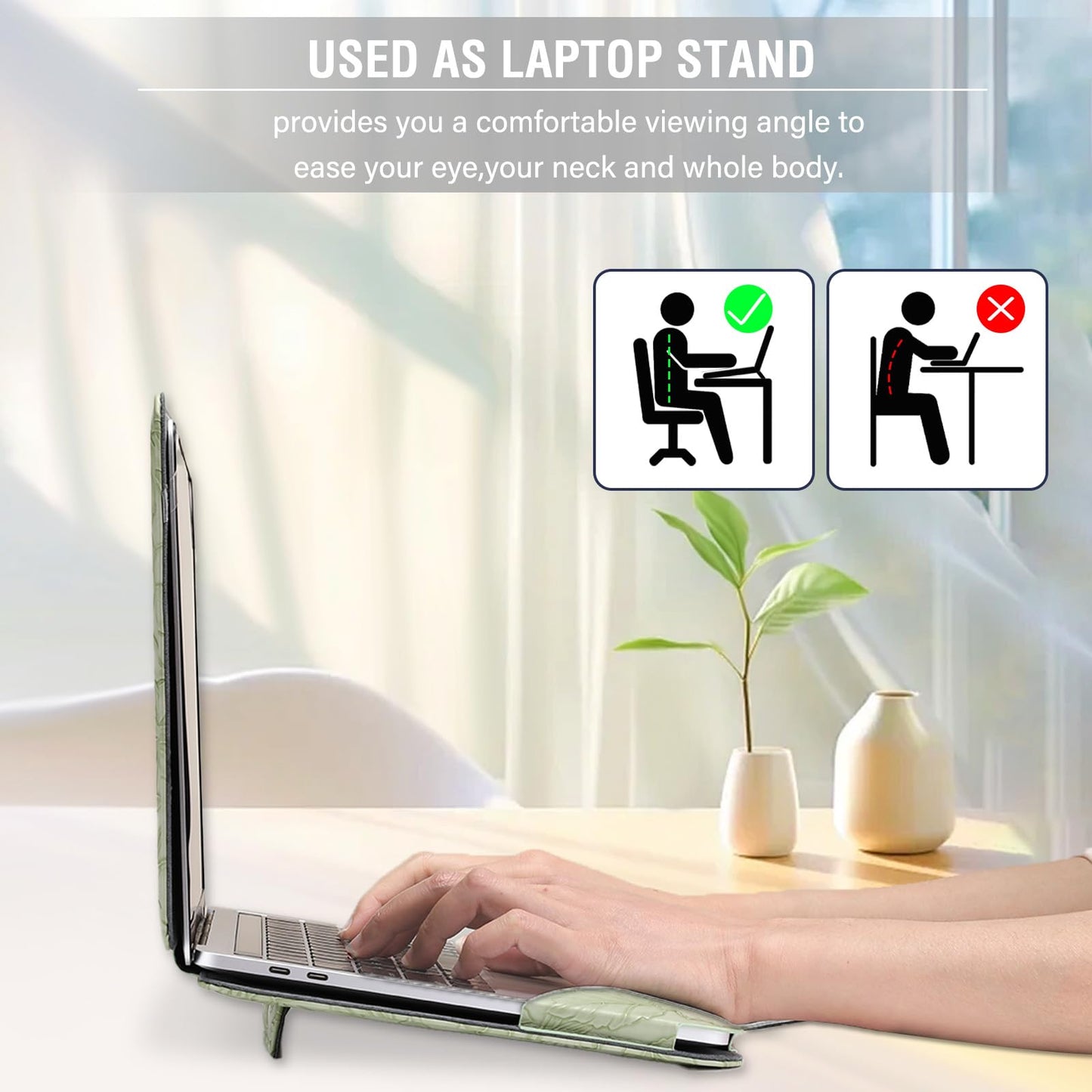 MOSISO Case Compatible with MacBook Air 13.6 inch M5 M4 M3 M2 2026-2022 /Air 13 M1 2022-2018 /Pro 13 M2 M1 2022-2016, Embossed Retro Hibiscus PU Leather Portfolio Protective Stand Cover, Sage Green