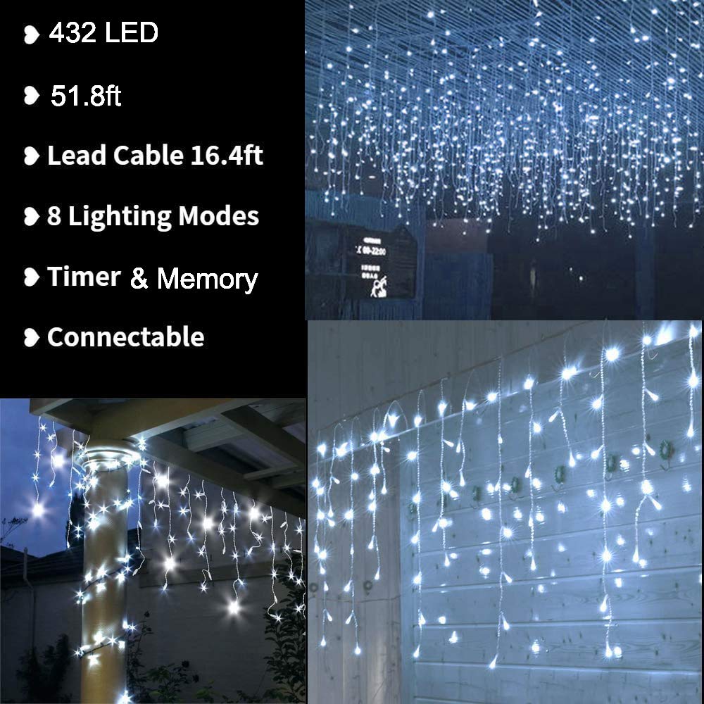 LYHOPE Icicle Christmas Lights, 432 LED 35.4ft 8 Modes Icicle String Lights with 72 Drops, Window Curtain Fairy Lights for Xmas, Eaves, Wedding, Garden, Outdoor, Indoor Decor (Clear White)