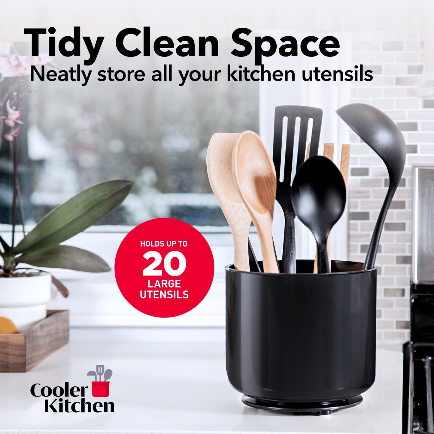 Cooler Kitchen Jumbo Extra Large Sturdy Rotating Black Utensil Holder Caddy with No-Tip Weighted Base, and Gripped Insert - Rust Proof and Dishwasher Safe Kitchen Utensils Holder