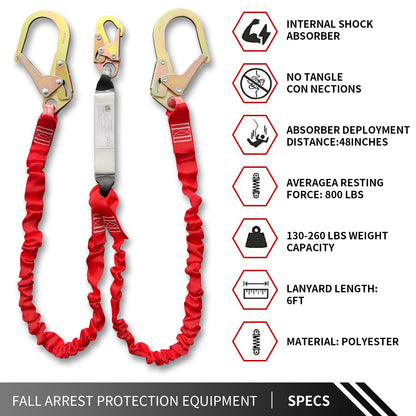 Safety Harness Fall Protection Lanyard-6FT Double Leg Internal Shock Absorbing Safety Lanyard for Consturction,Roofer, Scaffolding -Heavy-Duty Hooks| OSHA & ANSI Rated(Red, 2 Leg)
