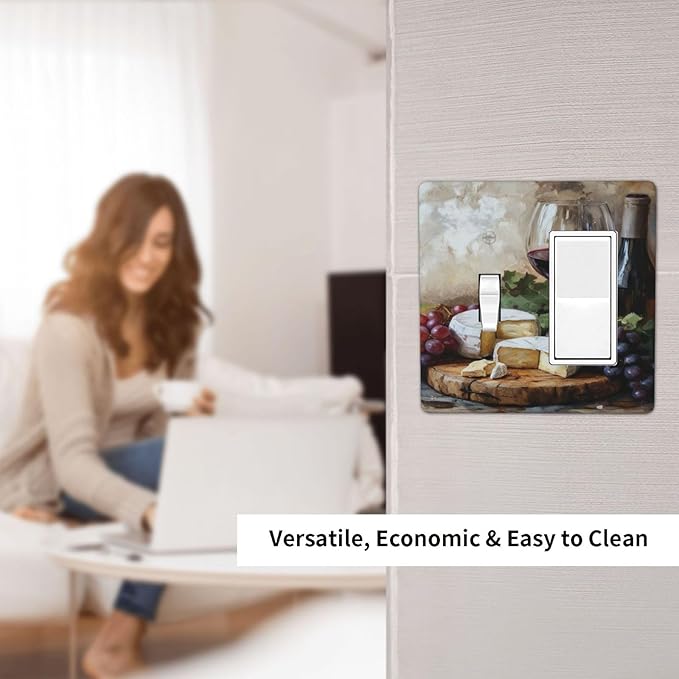Decorative Art Light Switch Covers Wineglass & Artisanal Cheeses 2 Gang Single Toggle Rocker Combination Electrical Faceplate Switchplate Wall Plate for Home Decor