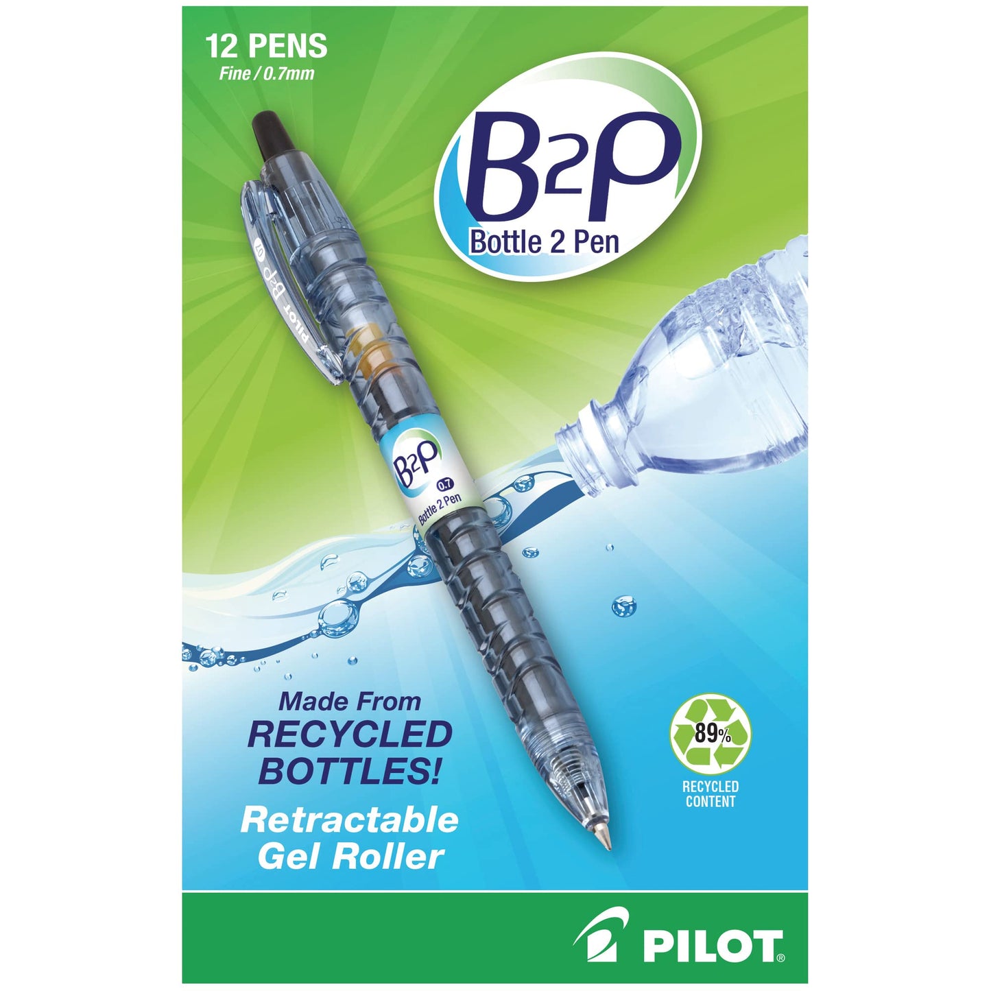 PilotBottle to Pen B2P Retractable Gel Pens, Fine Point, 0.7 mm, 89% Recycled, Translucent Barrel, Black Ink, Pack Of 12