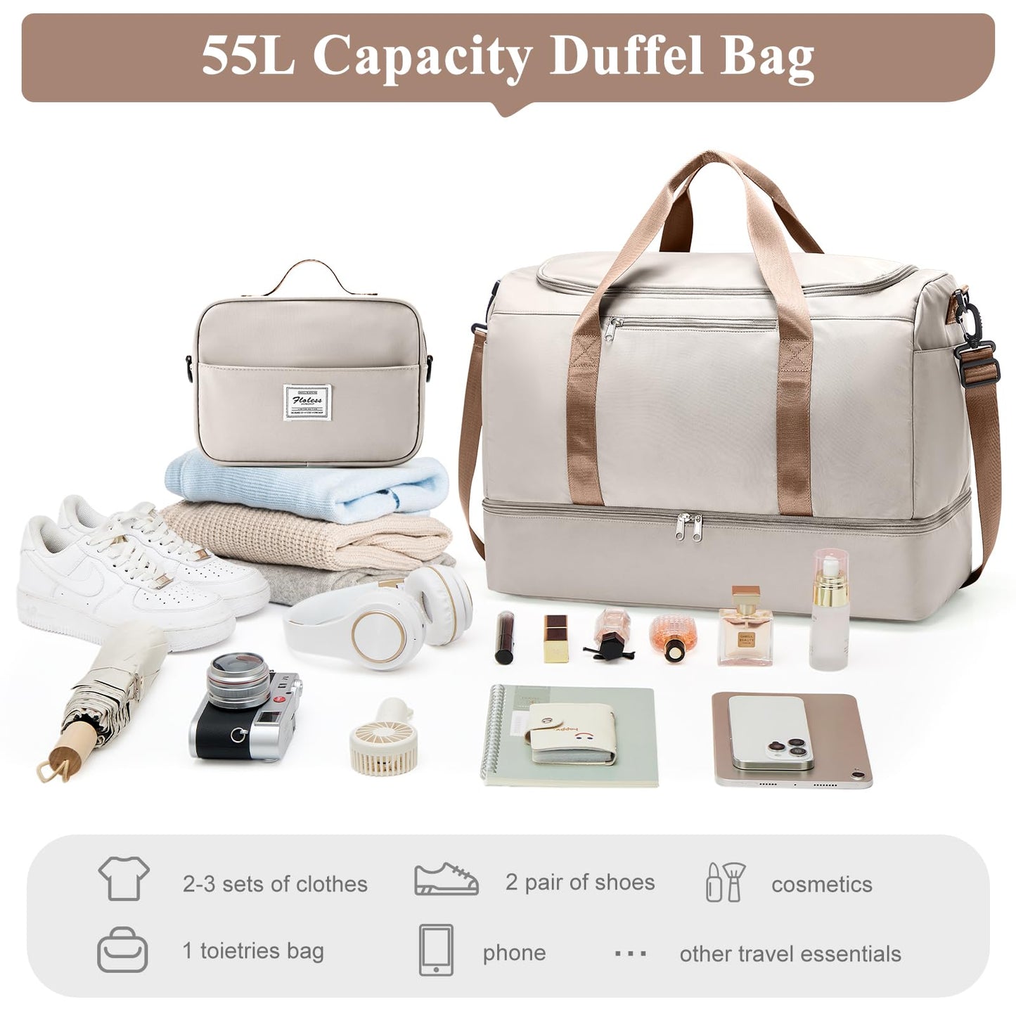 Extra Large Travel Duffle Bag with Shoe Compartment & Toiletry Bag, XL Weekender Bags for Women, Carry On Overnight Bags for Gym Sports, Water-Resistant Hospital Bag for Labor and Delivery
