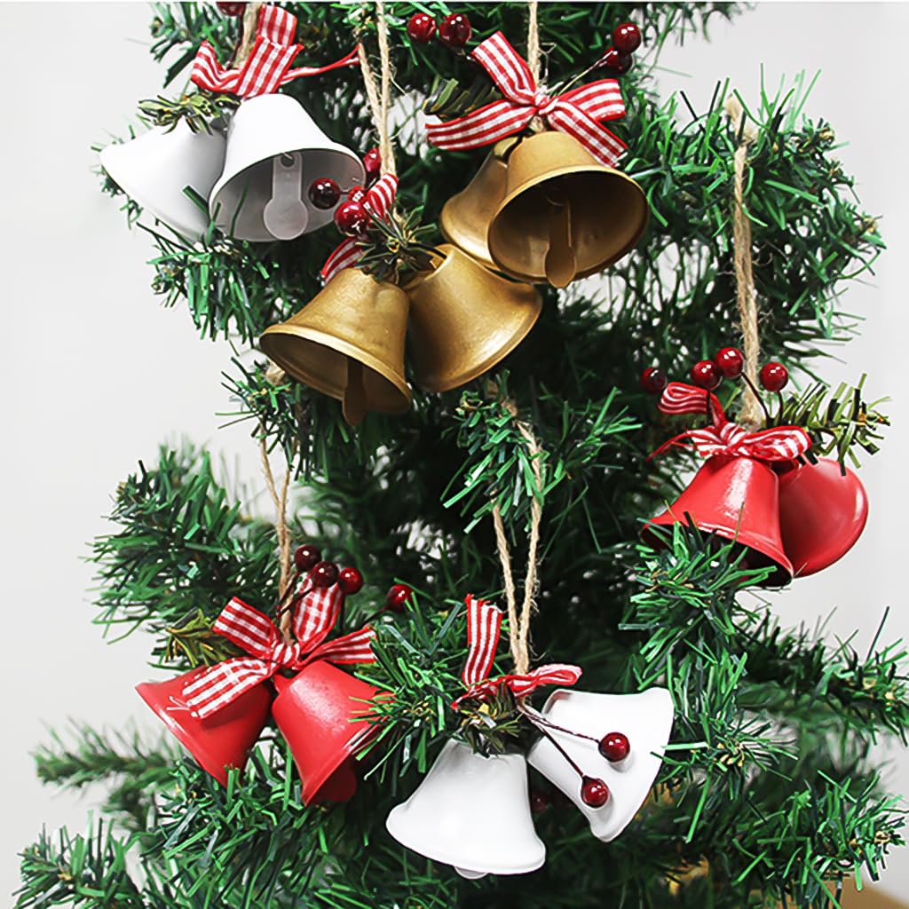 Christmas Jingle Bells Metal Decorative Bells Xmas Tree Ornaments for Wreath Holiday Crafts Rustic Home Hanging Decor Wind Chimes, Red White Gold (6 Pcs)