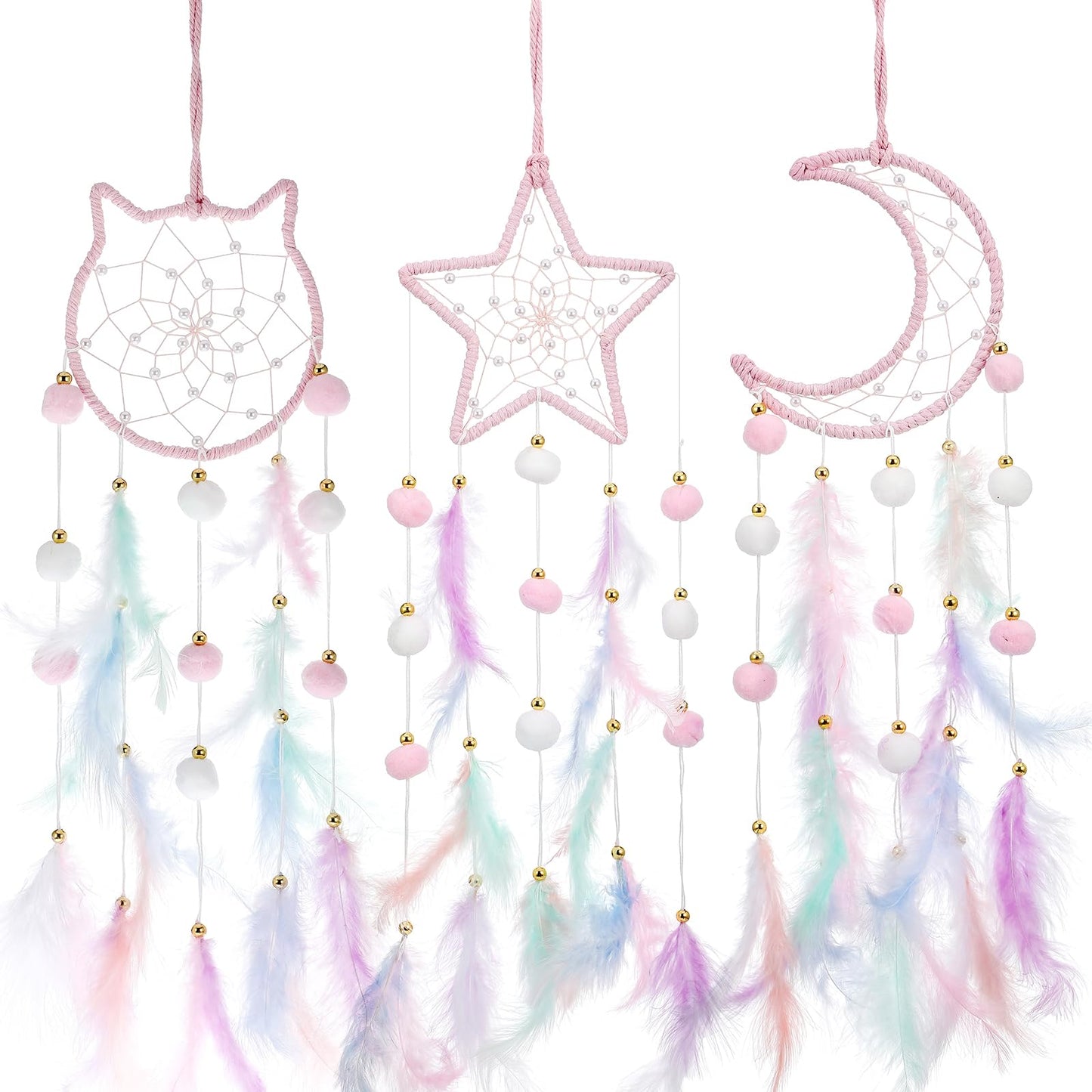 Star Moon Dreamcatcher 3pcs, Teen Girl Room Decor,Macrame Wall Hanging,4~10 Year Old Girl Gift Ideas, for mom, Boho Dream Catcher for Women, Grandma Gift,Daughter