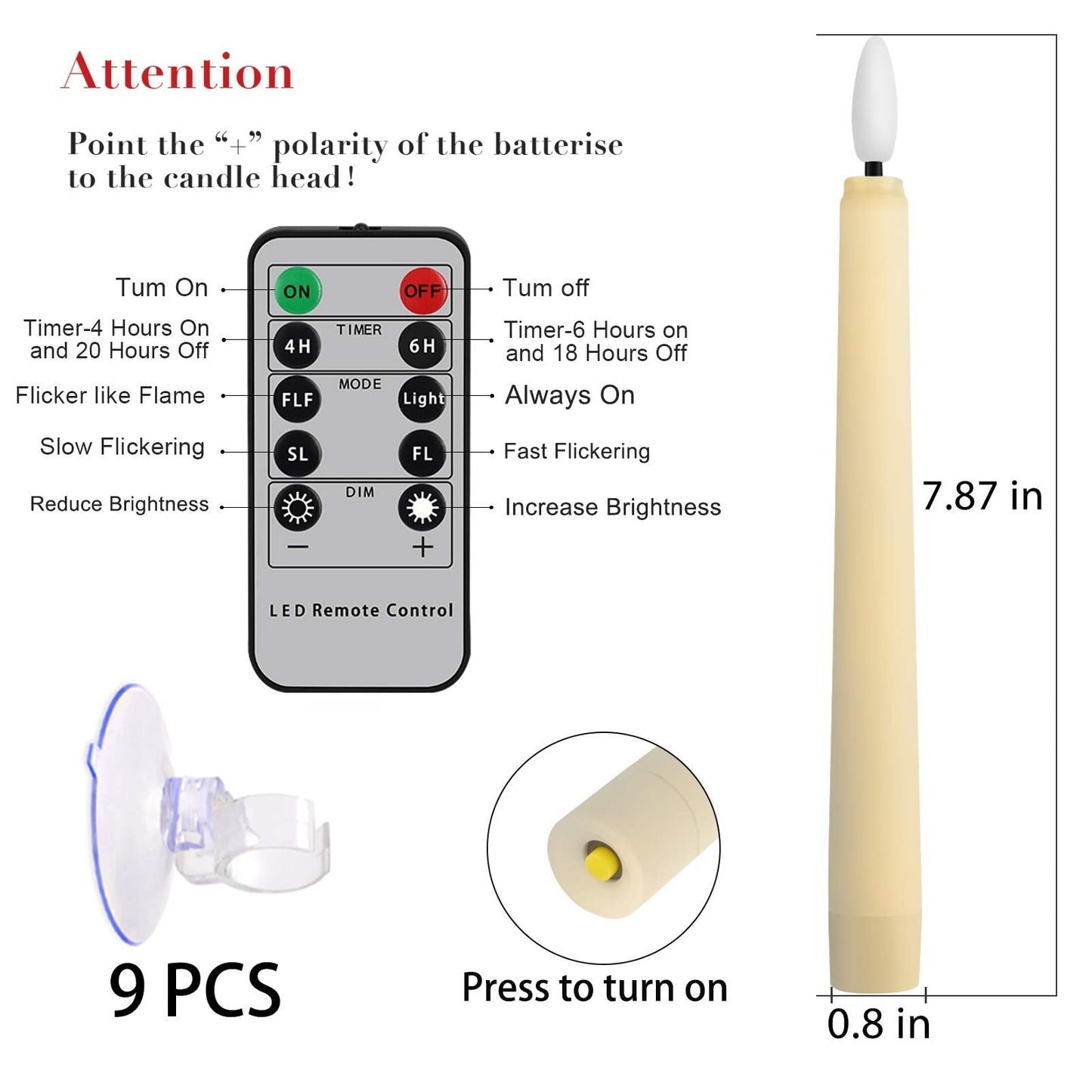 FREEPOWER 9 PCS Flameless Taper Candles Battery Operated, Realistic Flickering Window Candles with Daily Timer, Remote & Suction Cups Included,for Christmas Home Wedding Decor (Ivory)