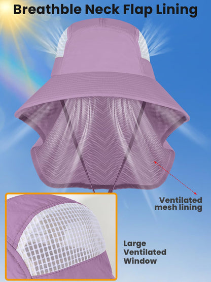 Sun Hats for Women UV Protection Wide Brim Beach Hats with Ponytail Hole with Neck Flap Waterproof for Hiking Fishing Gardening Travel Dark Purple
