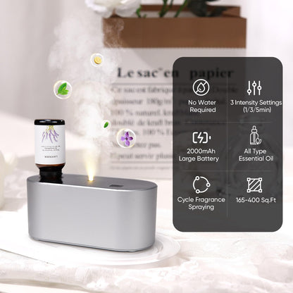 Waterless Diffuser for Essential Oil, Battery Operated Scent Air Aromatherapy Diffuser, Mini Aroma Diffusers with 3 Intermittent Mist Modes, Cycle Start, for 400 sq.ft Room Home Office Bedroom