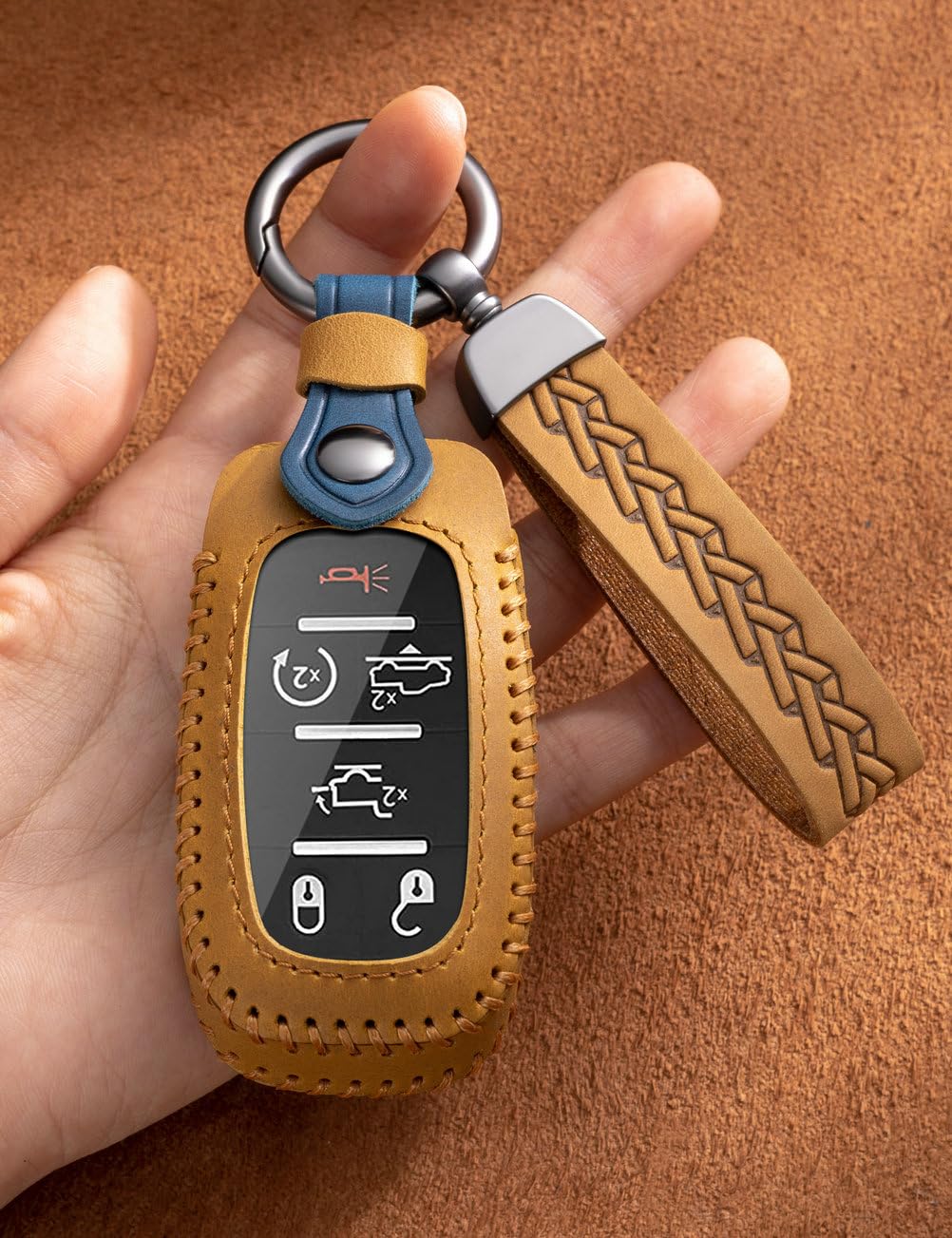 YINEOR for Dodge Ram Key Fob Cover Leather Car Key Case Protector keychain Smart Key Fob Holder Compatible for 2019-2026 Dodge Ram 1500 2500 3500 4500 5500 (Brown)