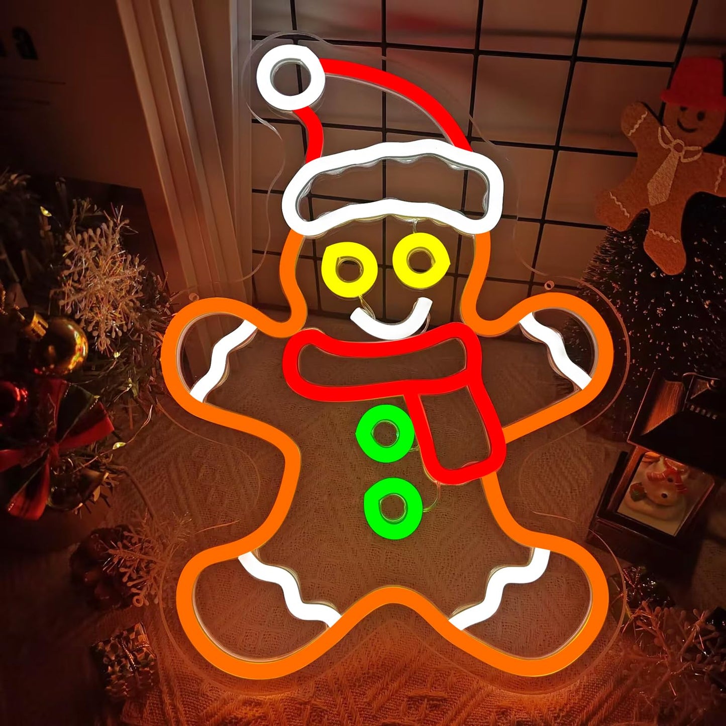 Gingerbread Man Neon Sign Dimmable Gingerbread Christmas Neon Lights for Window, Bedroom, Living Room LED Gingerbread Man with Scarf and Santa Hat Neon Sign for Christmas Party Gifts