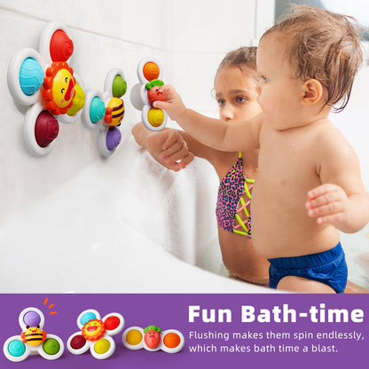 LiKee Strong Suction Cup Fidget Rotating Sensory Bath Toys for Baby 12 18 Months Airplane Car Travel Table & Window Toys for 1 2 Years Old Toddler Boys and Girls (Sun)