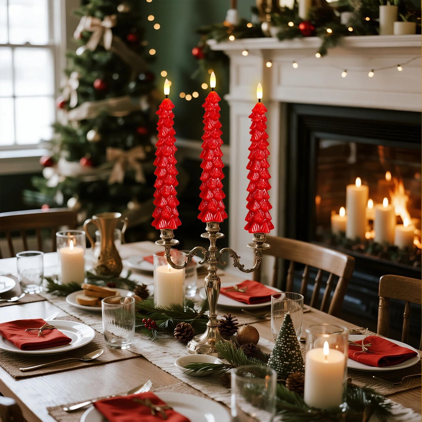 KunSwenn Christmas Tree Candles Battery Operated, Red Christmas Flameless Taper Candles with Remote Timer, Set of 3 Waxy 9.8 Inch LED Tree Candlesticks for Xmas Home Holiday Window Winter Decor