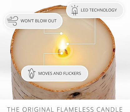 Luminara Real Birch Bark Wrapped Flameless LED Candle, 4" x 5.3", Battery Operated Moving Flame Pillar Light with Timer - Natural Decor Unscented