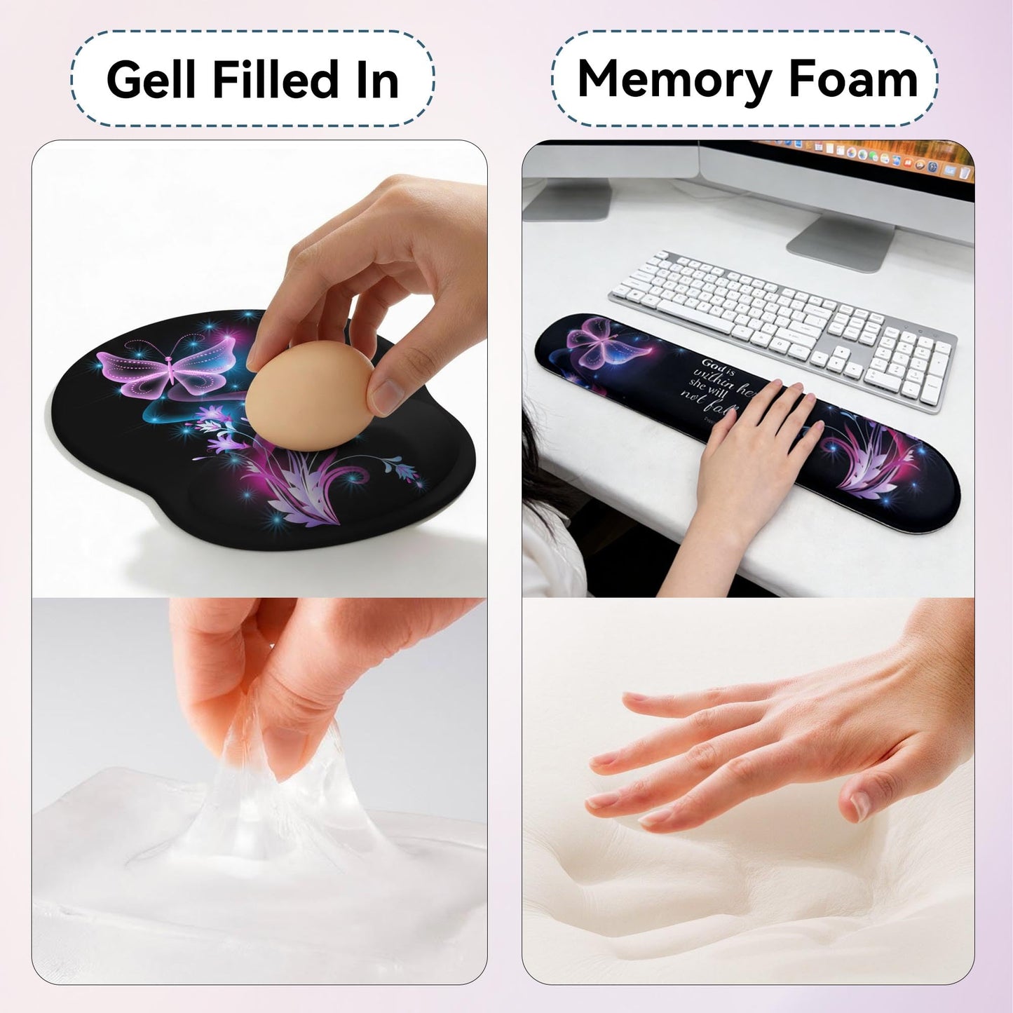 Desk Mat Set + Keyboard and Mouse Pad with Wrist Rest Support,4-in-1 Large Mousepad Computer Mats for Desktop Home & Office-Purple Butterflies