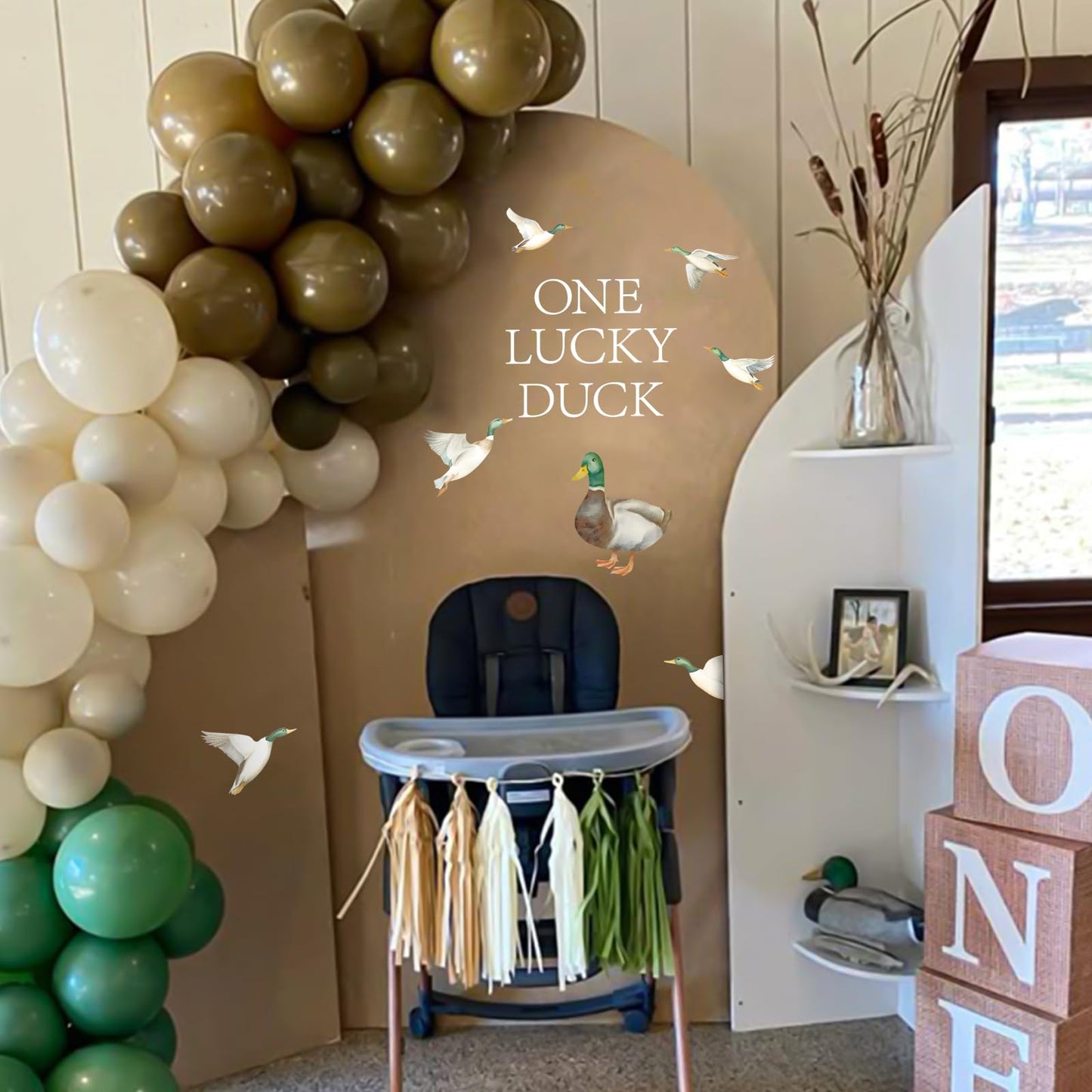 FYSUIMU One Lucky Duck First Birthday Decal Mallard Duck Backdrop Party Stickers Animal Theme 1st Birthday Sign Decal for Balloon Arch Baby Shower