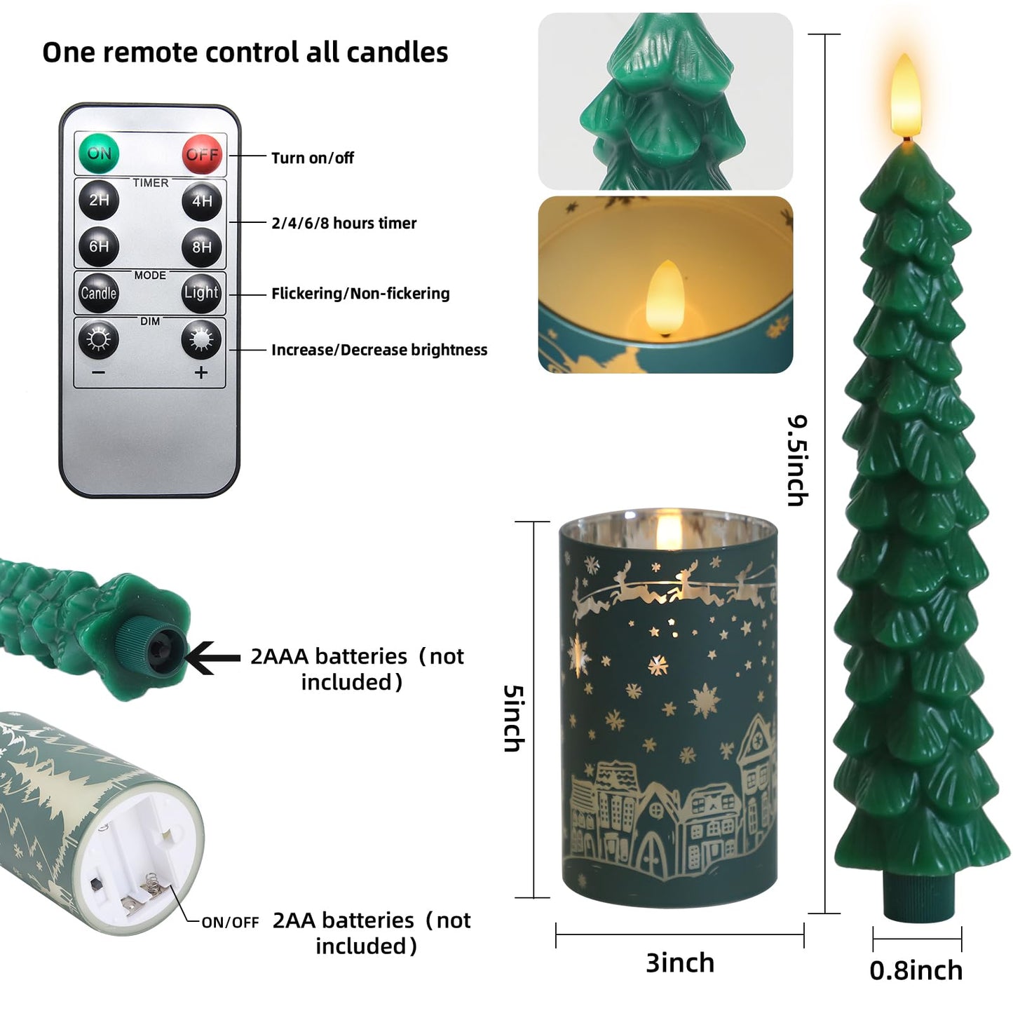 MUMCHASI Chritsmas Tree Flameless Candles, Real Wax Christams LED Taper Candles, Battery Operated Candles, Flickering Candlesticks for Home Christmas Decor Gifts, Green, Remote Control