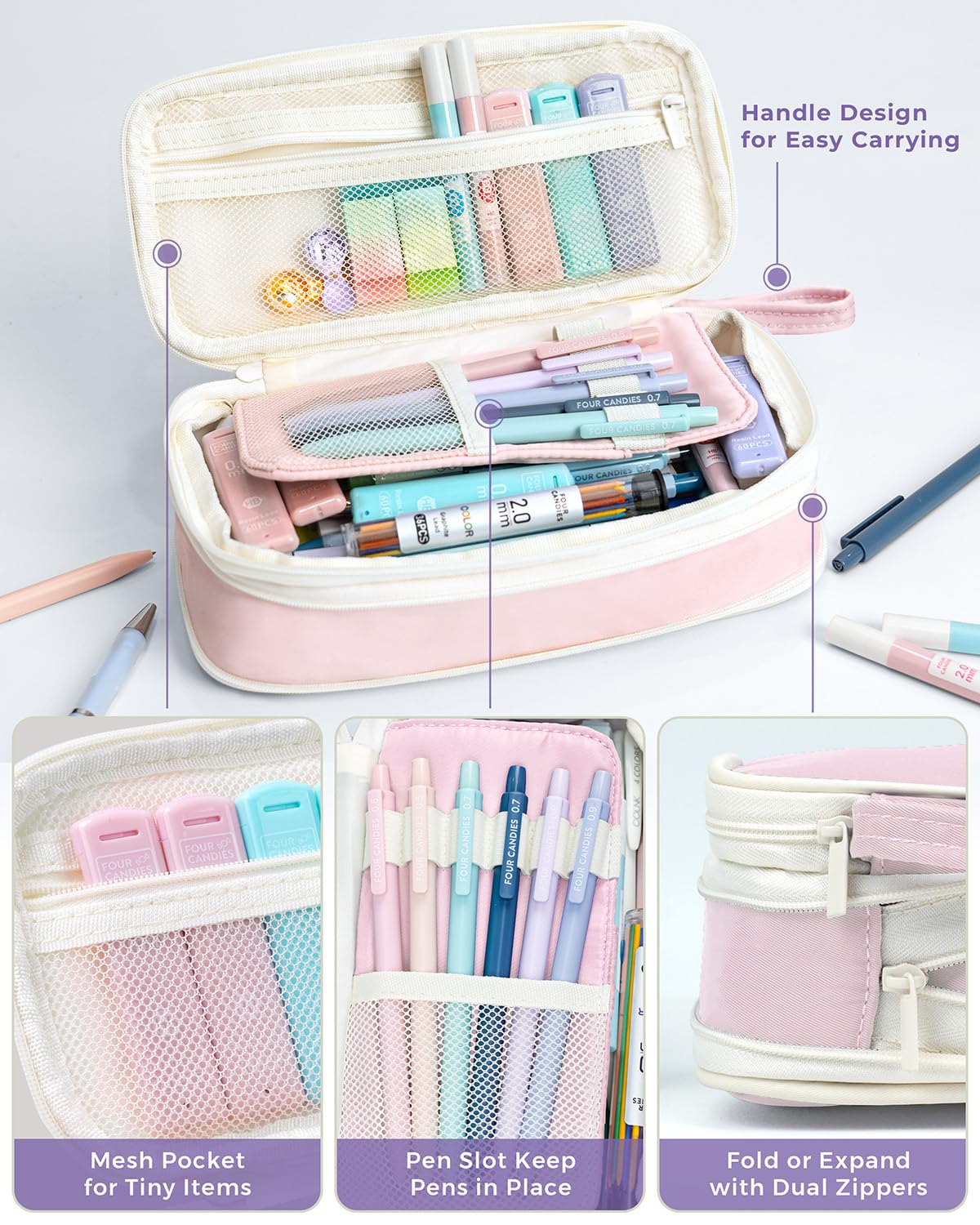 Four Candies 36PCS Aesthetic School Supplies, Mechanical Pencils 0.5mm, 0.7mm, 0.9mm & 2.0mm with 624PCS Lead Refills, Cute Mechanical Pencils for Writing, Drawing & Drafting (Pink)