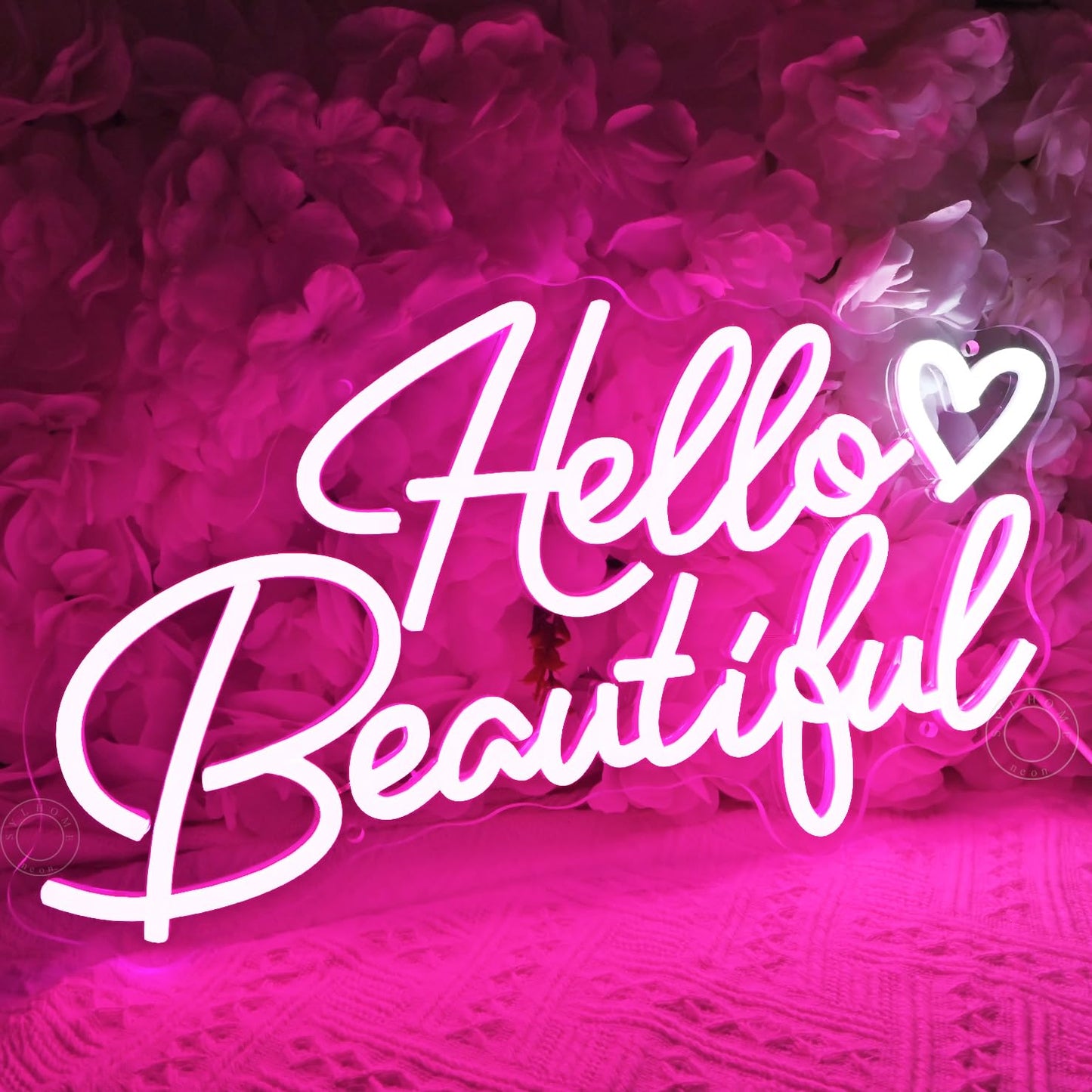 SYLHOME Hello Beautiful Led Neon Light Sign Pink Heart Hello Gorgeous Bedroom Wedding Birthday Party Decor USB Bacelorette Christmas Valentines Day Decoration 15.75"X8.7"