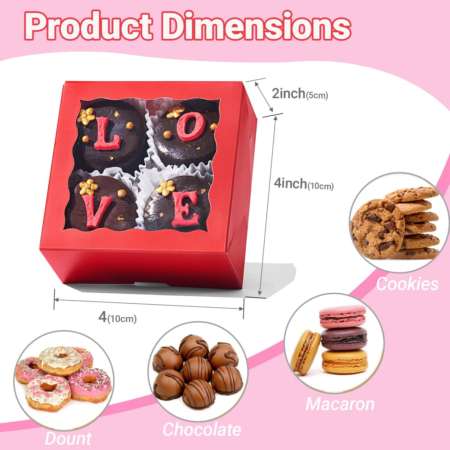 JCXGRVC 50 Pack 4x4x2 inches Red Bakery Boxes with Window - Macaron Cookie Chocolate Truffle Strawberry & Mini Cake Gift Boxes for Valentine's Parties Birthdays Wedding, Christmas Favors