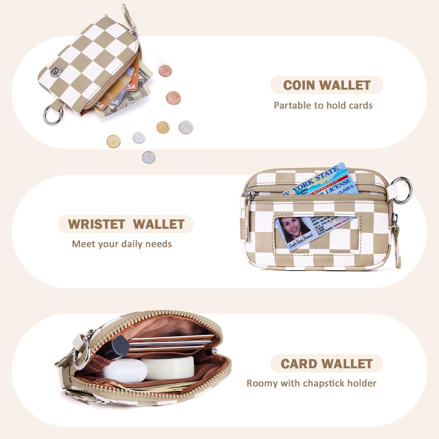 POIUGOYA Keychain Wristlet Wallet,Dual Pouch Wristlet Portable,Nylon RFID Coin Purse Small Wallet with key ring,ID Window