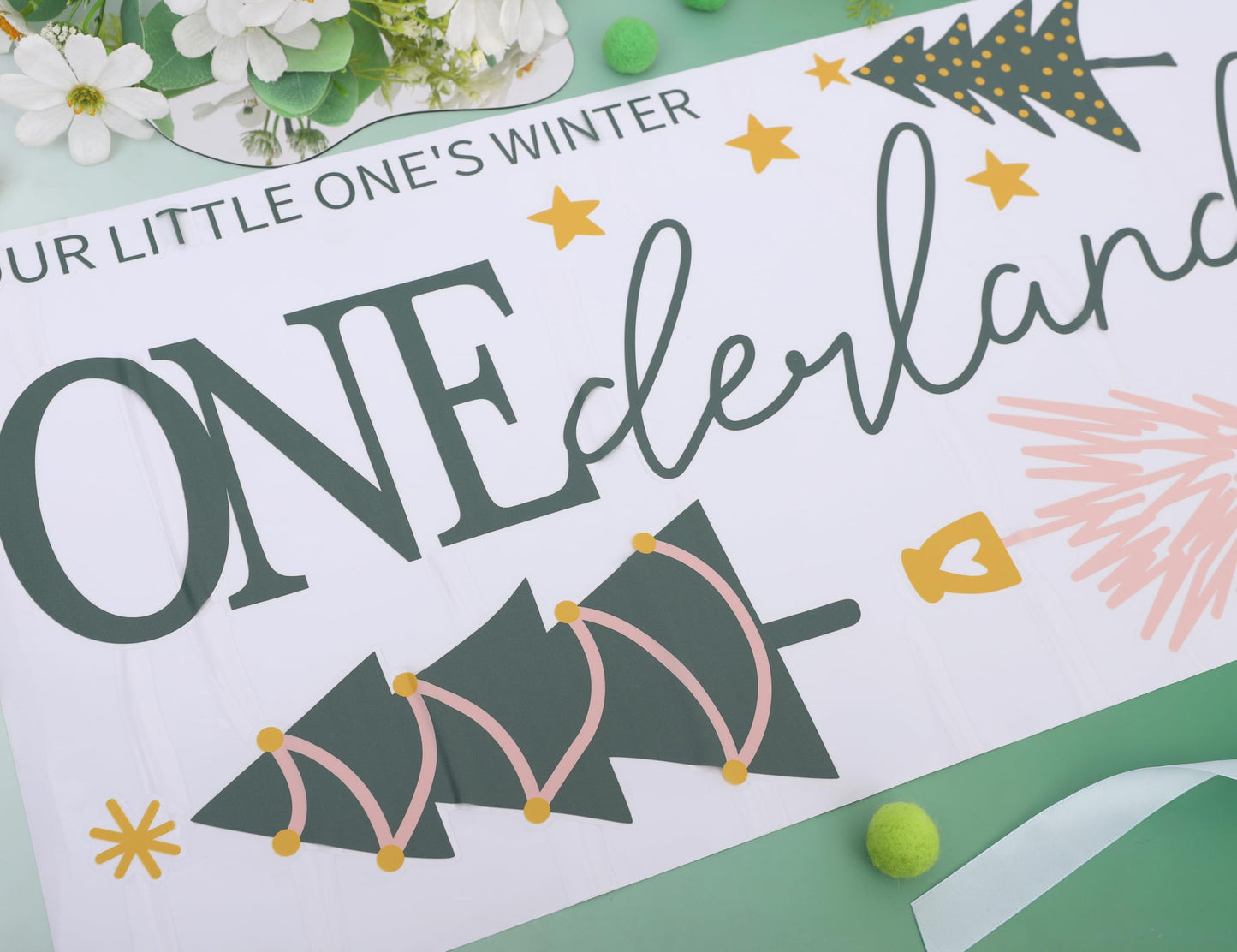 Our Little One's Winter ONEderland Decal - Winter 1st Birthday Party Decorations,Pink Green Christmas Trees Sign Stickers,Frozen Wonderland Party Wall Decals,First Snowflake Holiday Decoration