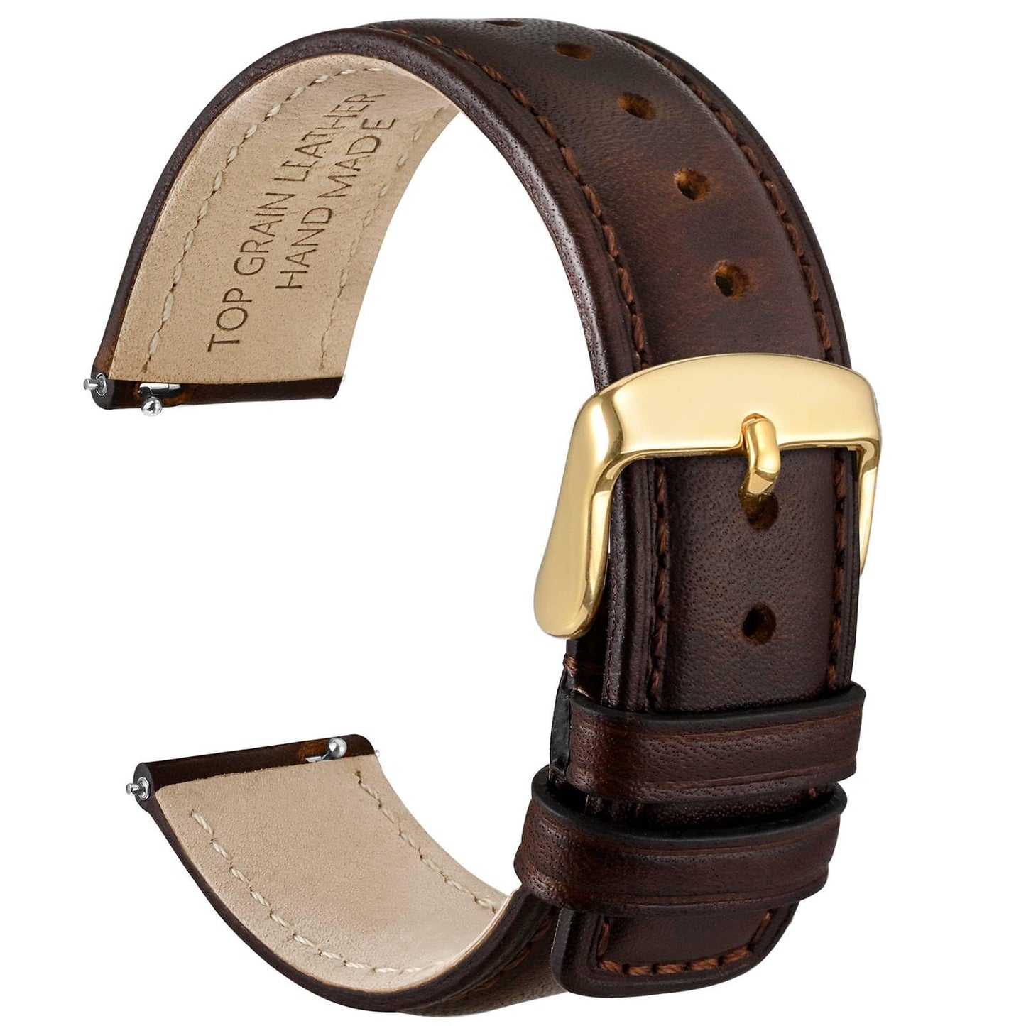 WOCCI 20mm Watch Band for Men and Women, Genuine Leather - Top Grain Leather, Quick Release Strap, Golden Buckle (Dark Brown)