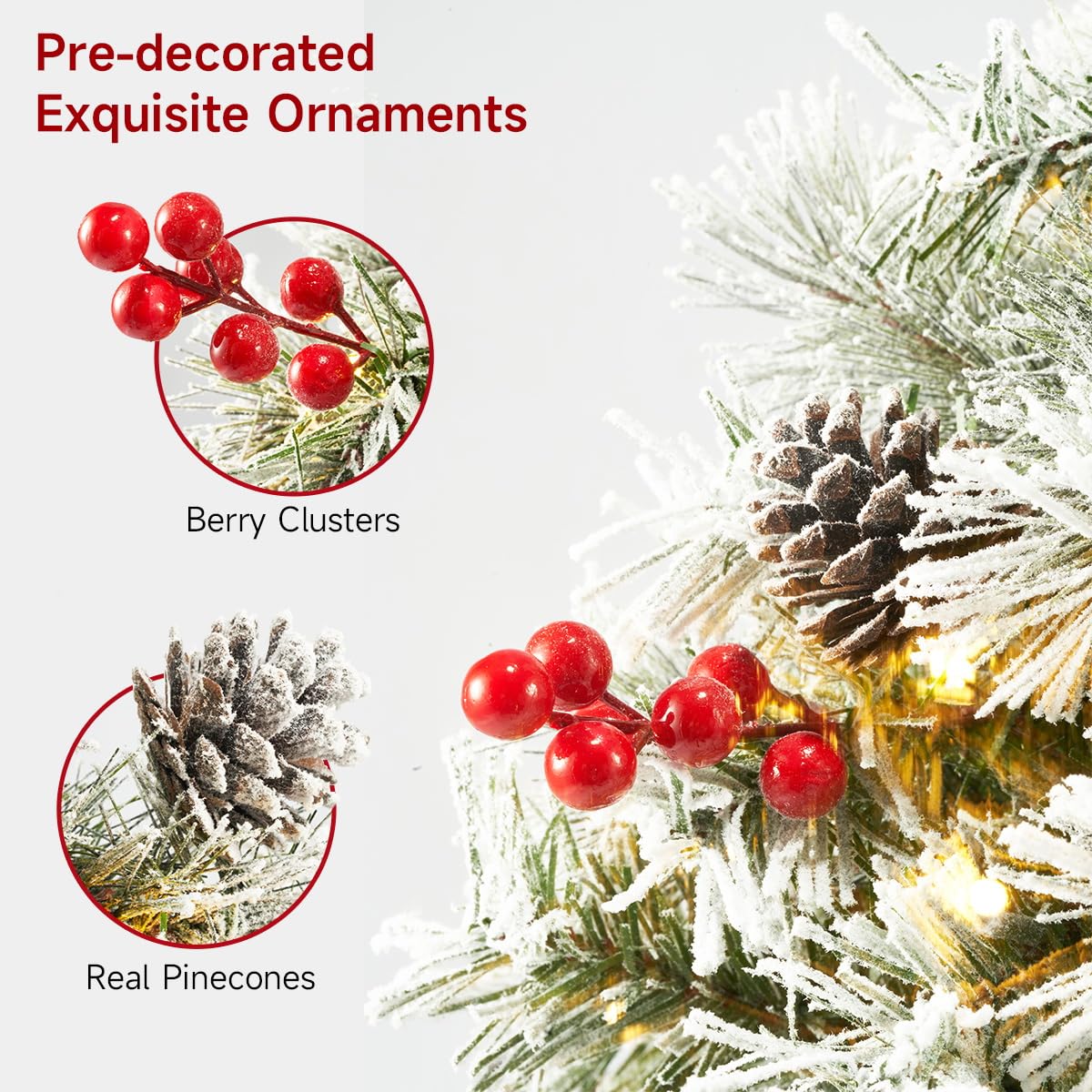HiBean Christmas Tree Urn Filler 2 Set 30 inch, Pathway Porch Flocked Christmas Trees Pre-Light LED Battery Operated Outdoor Xmas Decor for Entrance, Yard, Garden, Red Berries, Pine Cones (White)