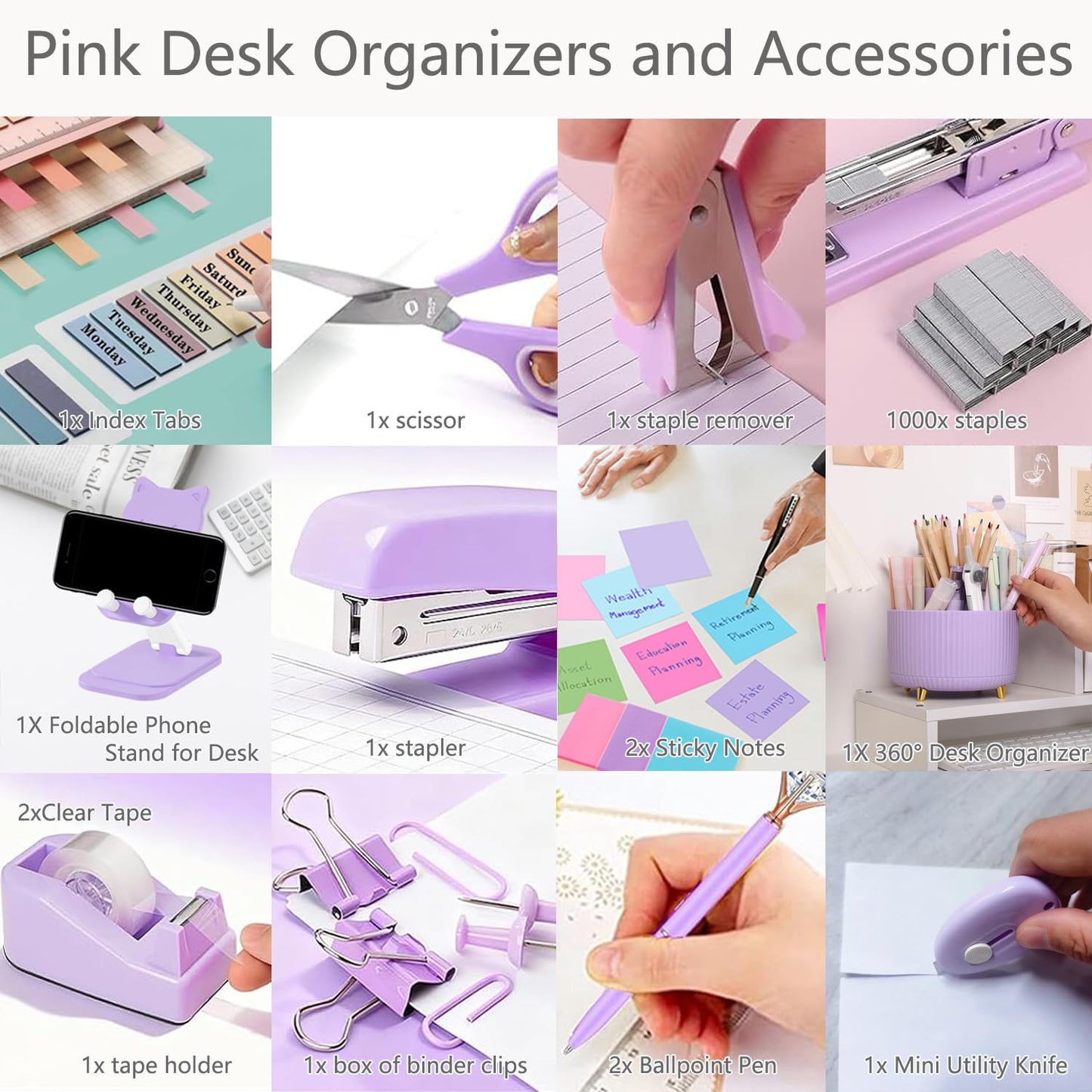 Office Supplies,Purple Desk Accessories,Desk Organizer,Phone Stand,Scissors,Stapler,Tape Dispenser,Binder clips,Staples,staple remover,Sticky Notes,Index Tabs,Clear Tape,Mini Box Cutter,Cool Pen.16pcs