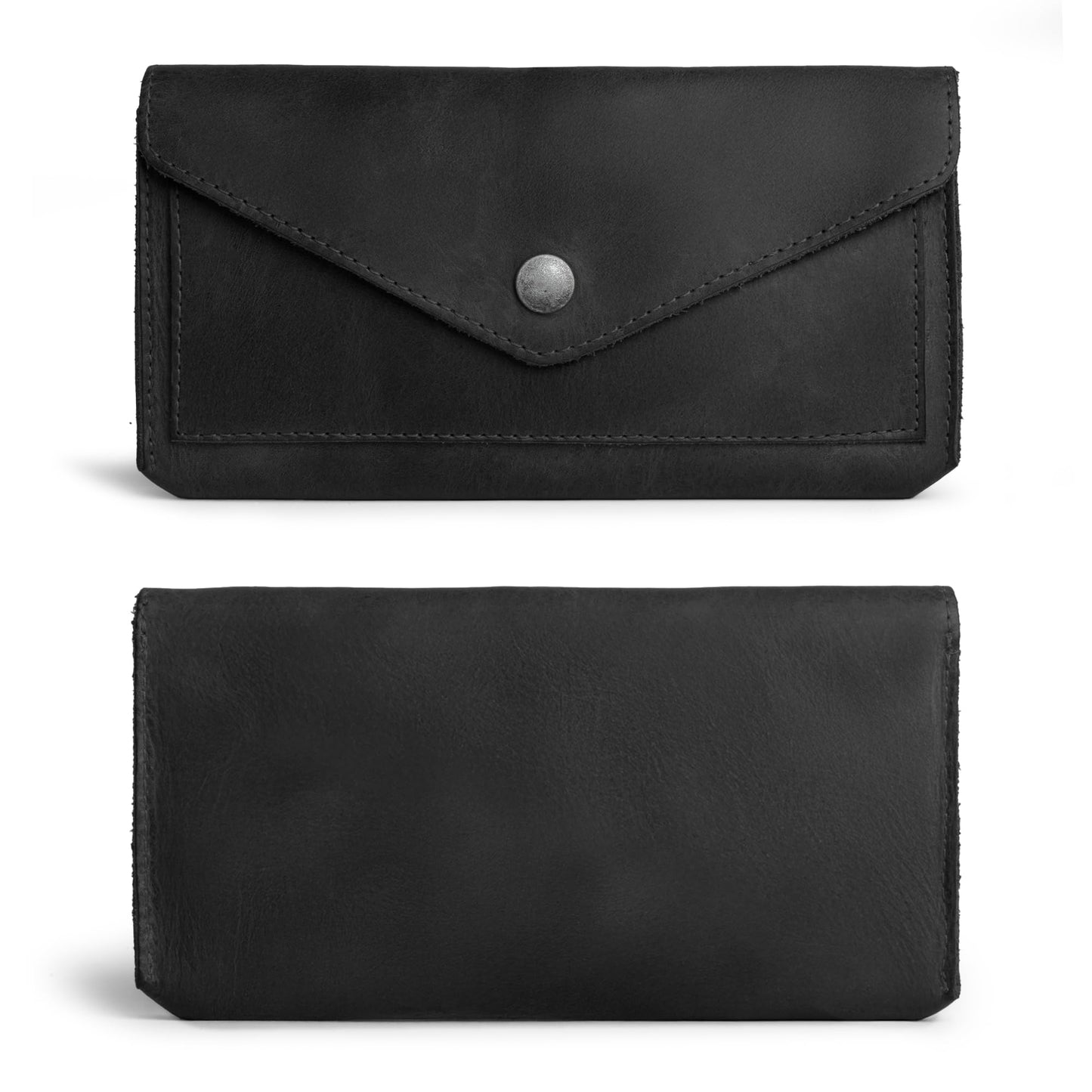 Hide & Drink, Full Grain Leather Large Female Wallet, Travel Organizer for Women, Vintage Money and Card Holder, Handmade, Charcoal Black