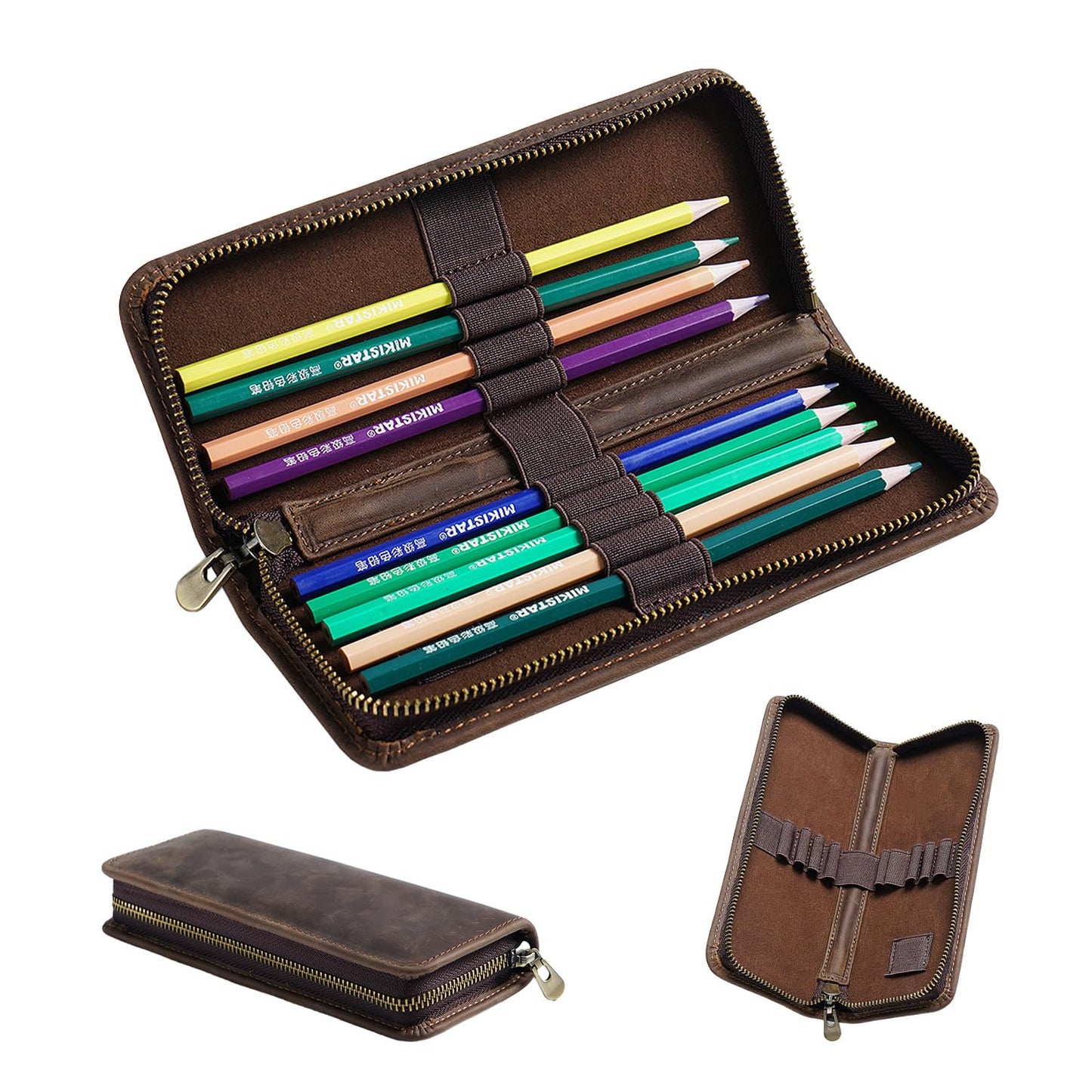 Acidea Genuine Leather Pencil Case Organizer, Coffee Style Leather Storage Pen Pouch for Pencils, Markers, Pens and Art Supplies, 10 Wooden Pencils Portable Pen Case Storage for Man Woman Office