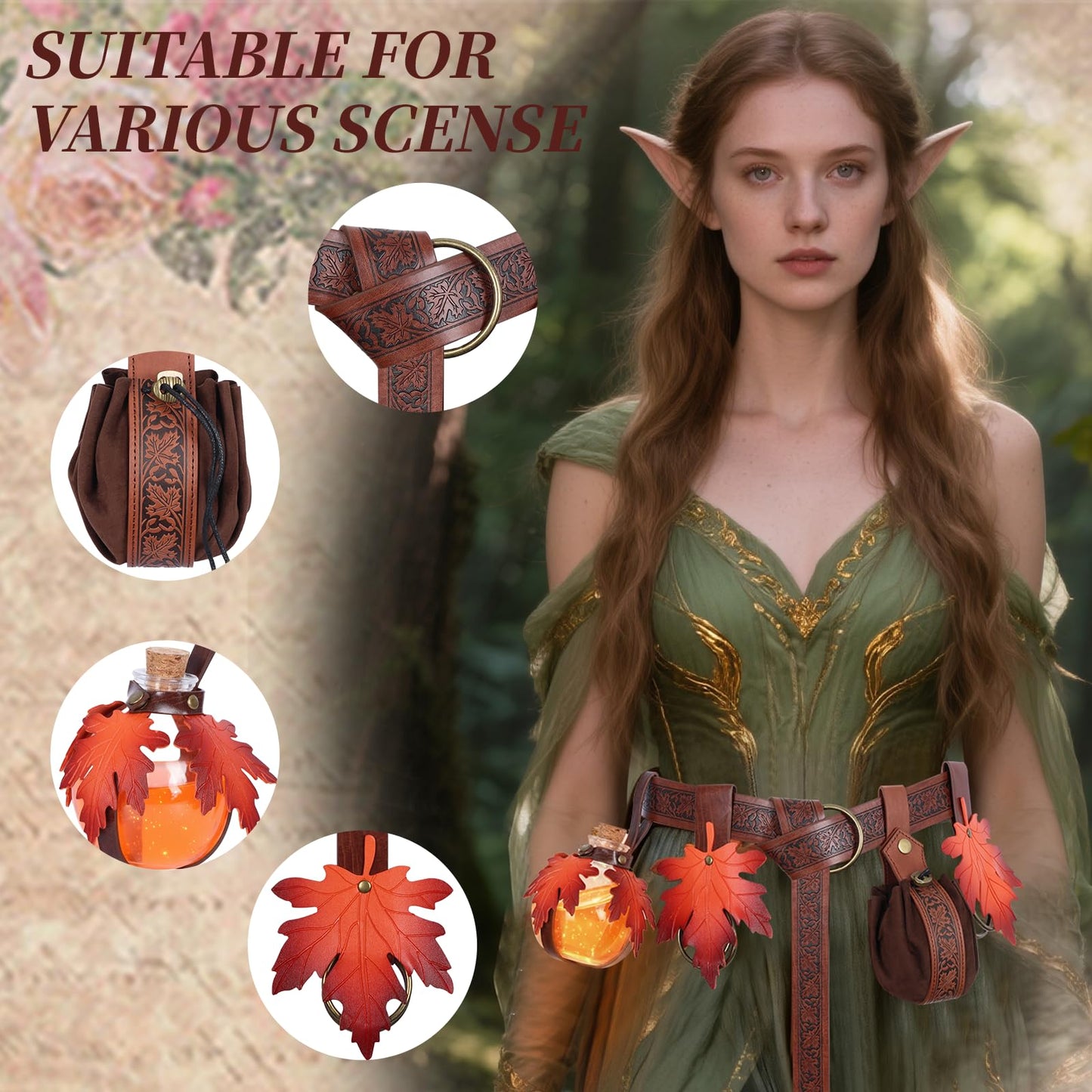 Luazuri Renaissance Belt Waist Bag Embossed Belt Magic Potion Bottle Skirt Hikes Medieval Halloween Cosplay Costume Sets. (Brown A-5pcs)
