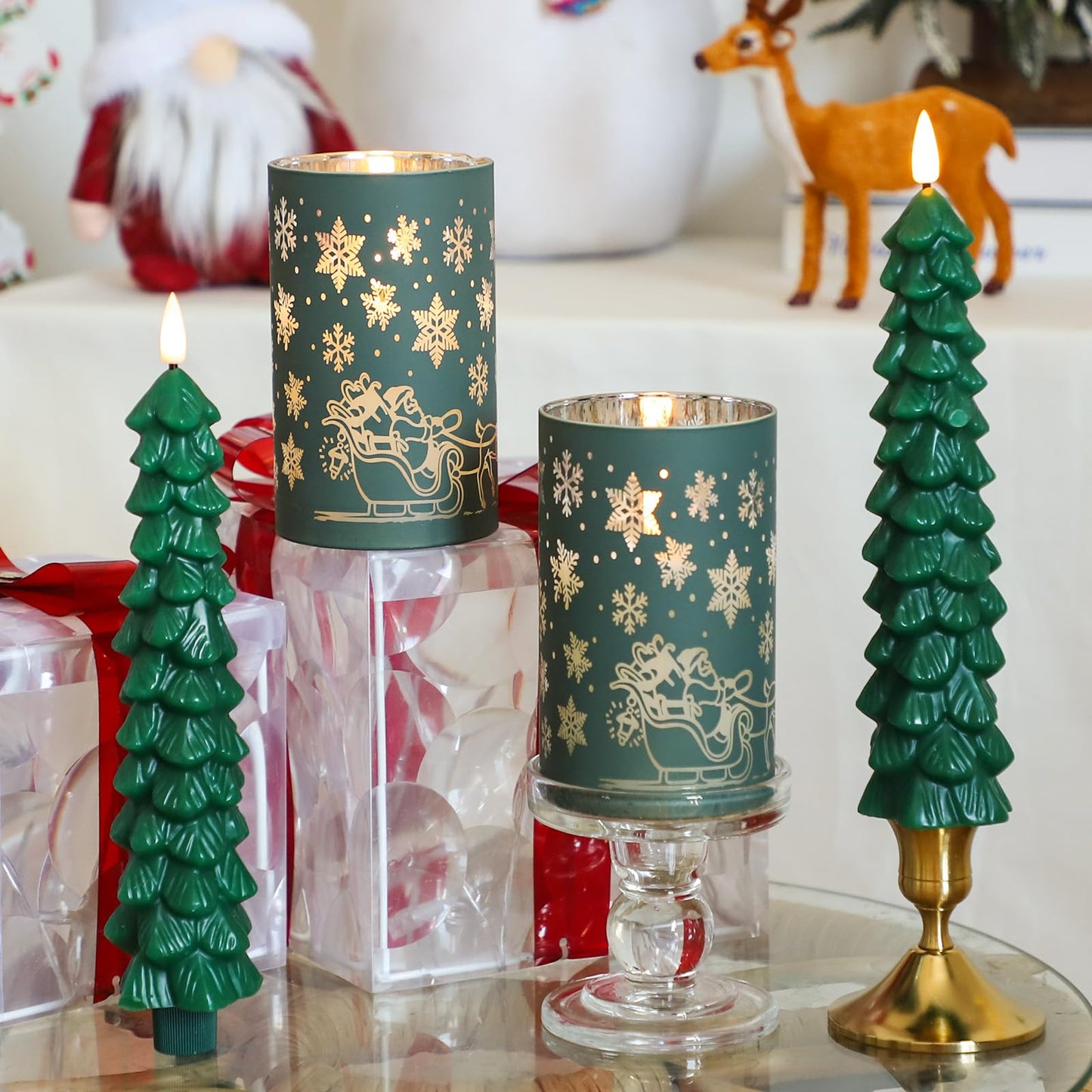 Lezonic Christmas Flameless Candles with Remote, Green Christmas Tree Flickering Battery Operated Window Candlesticks, Glass Flameless Xmas New Year Decorations Gifts, Set of 4 Real Wax LED Candles
