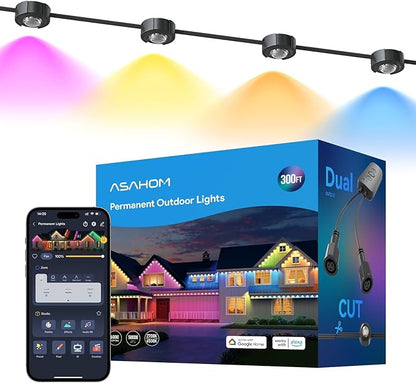 ASAHOM AI Permanent Outdoor Lights S107E, 300FT with 216 RGBCW LED Lights and Dual Output, 30,000 Lighting Effect Combination, IP67 Waterproof for House Halloween Christmas and Daily Decoration, Black