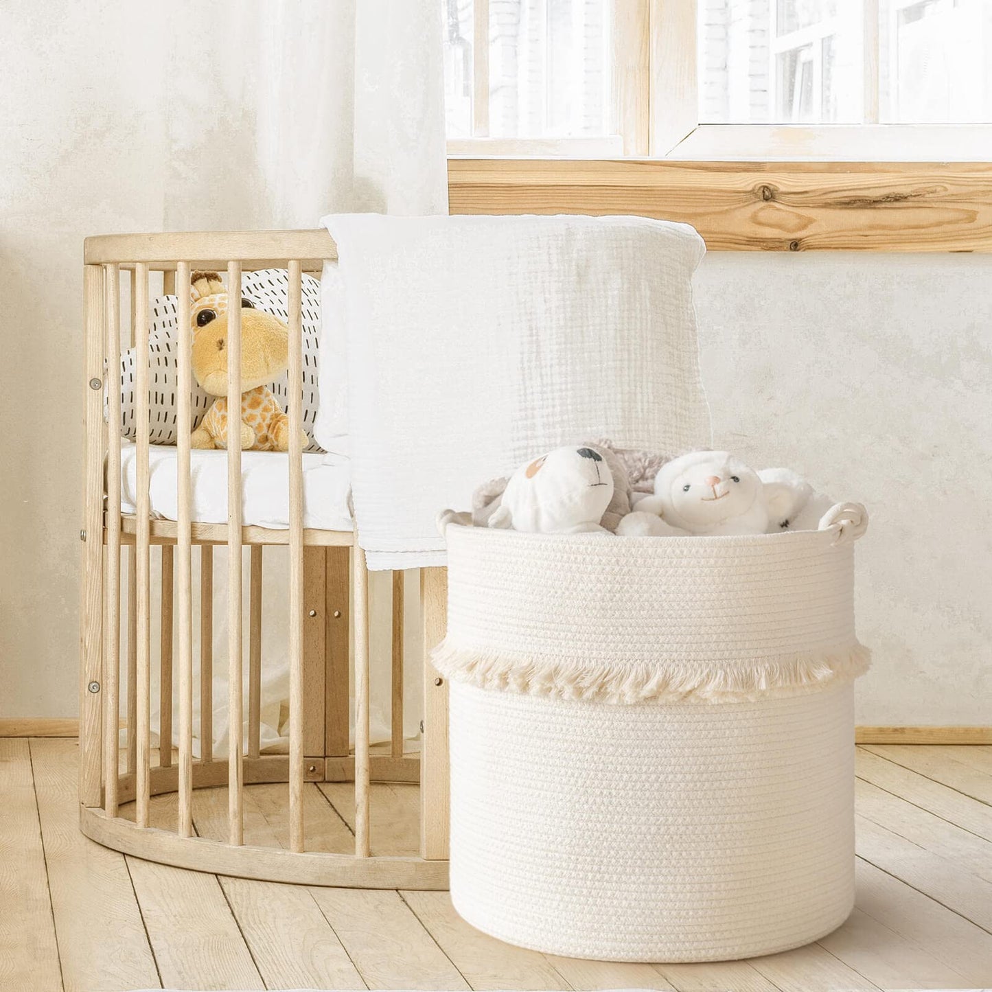 CherryNow Extra Large Woven Storage Baskets – 17'' x 16'' Cotton Rope Decorative Hamper for Magazine, Toys, Blankets, and Laundry, Cute Tassel Nursery Decor - Home Storage Container Off-white